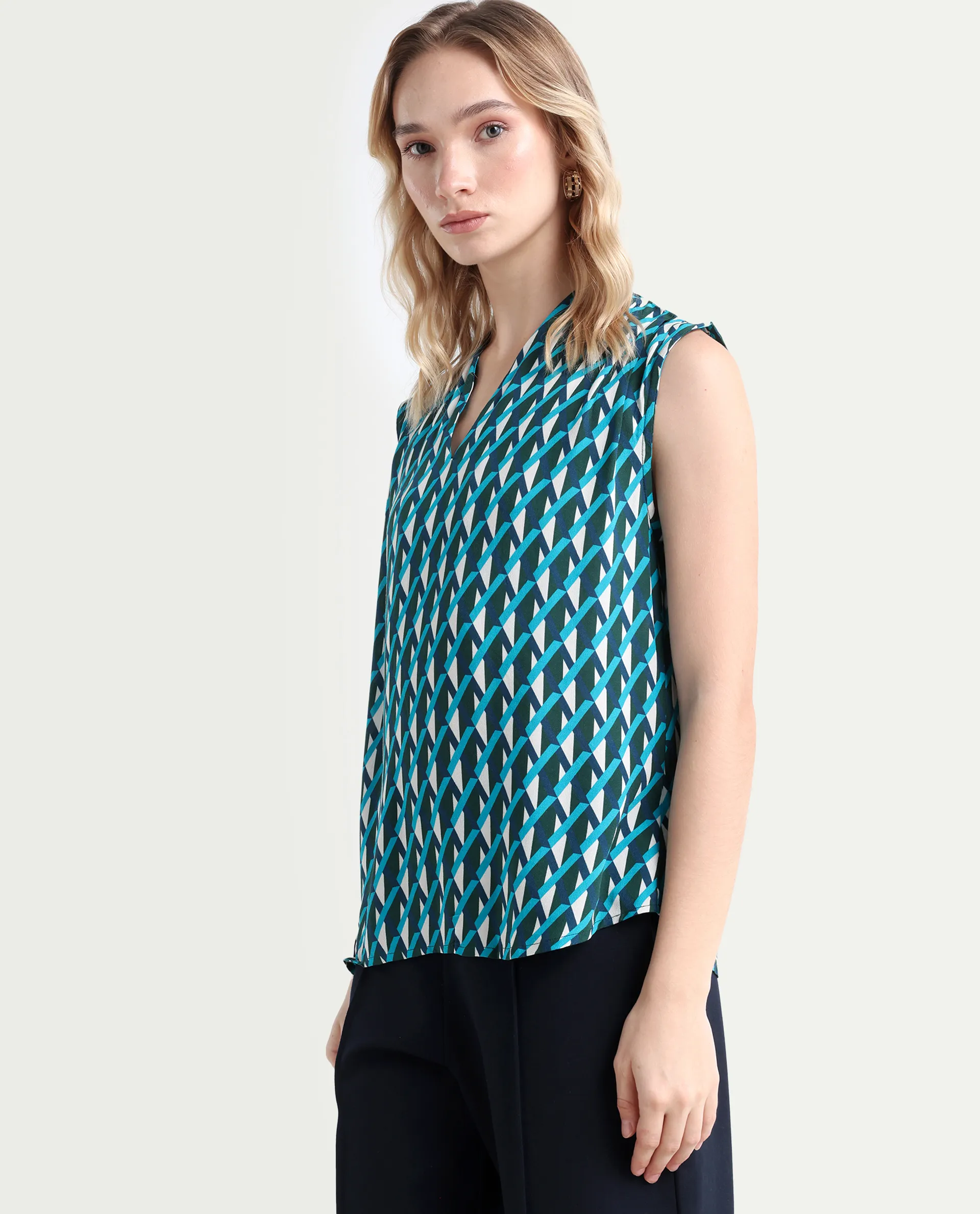 Rareism Women's Livon Multi Viscose Blend V-Neck Geometric Print Sleeveless Regular Fit Top - Image 5
