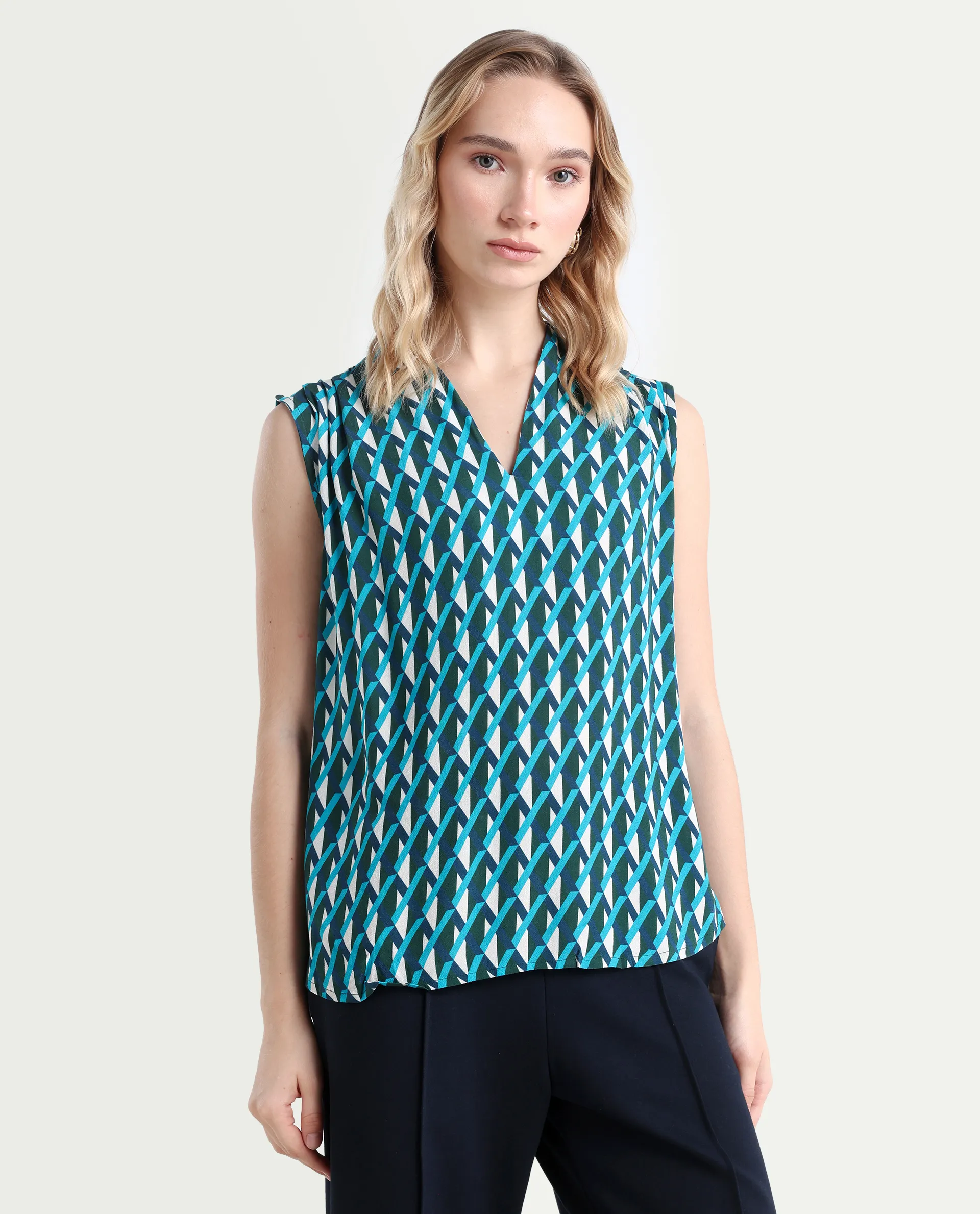 Rareism Women's Livon Multi Viscose Blend V-Neck Geometric Print Sleeveless Regular Fit Top - Image 6