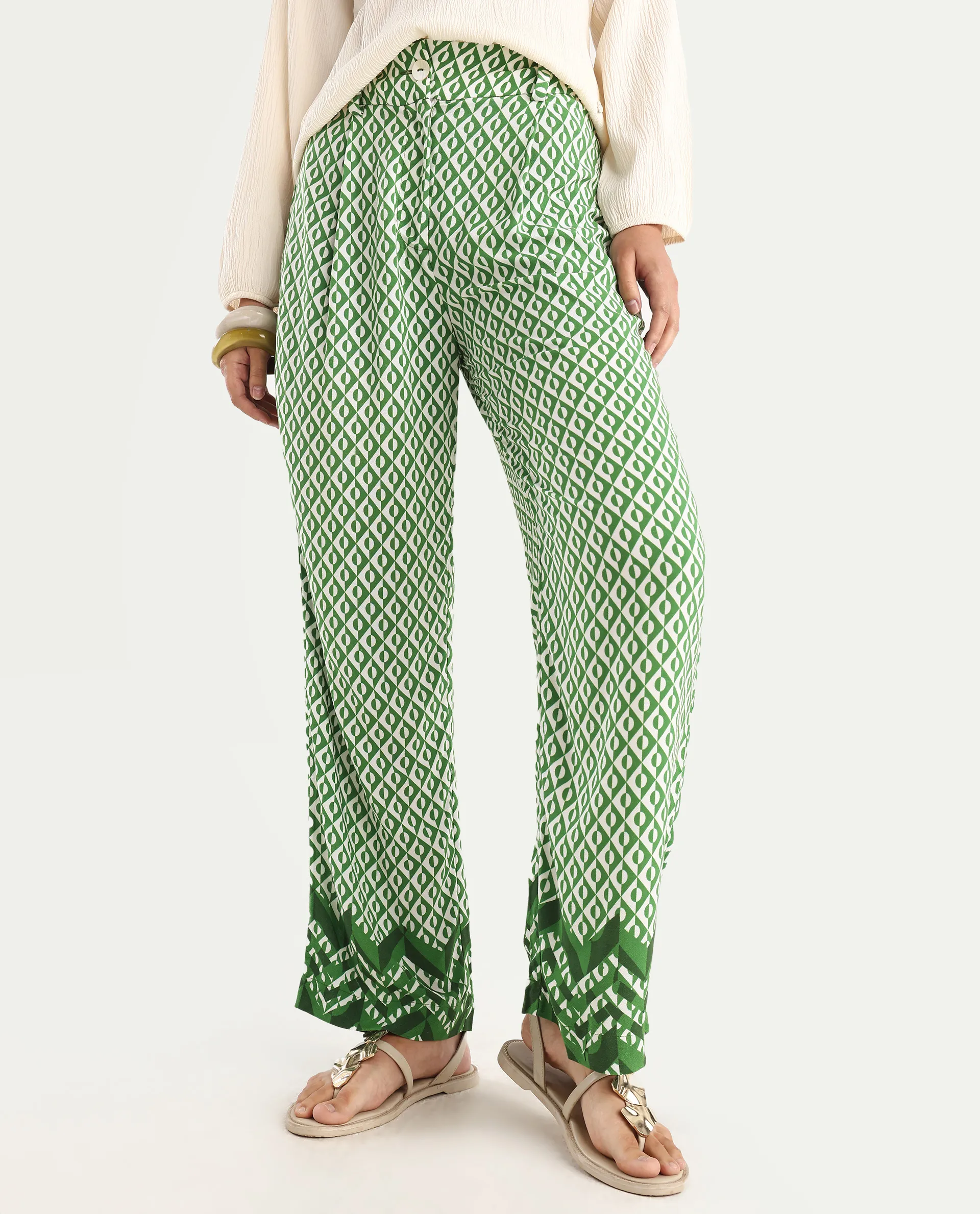 Rareism Women's Livornob Dark Green Viscose Blend Geometric Print Ankle Length Straight Fit Trouser - Image 2