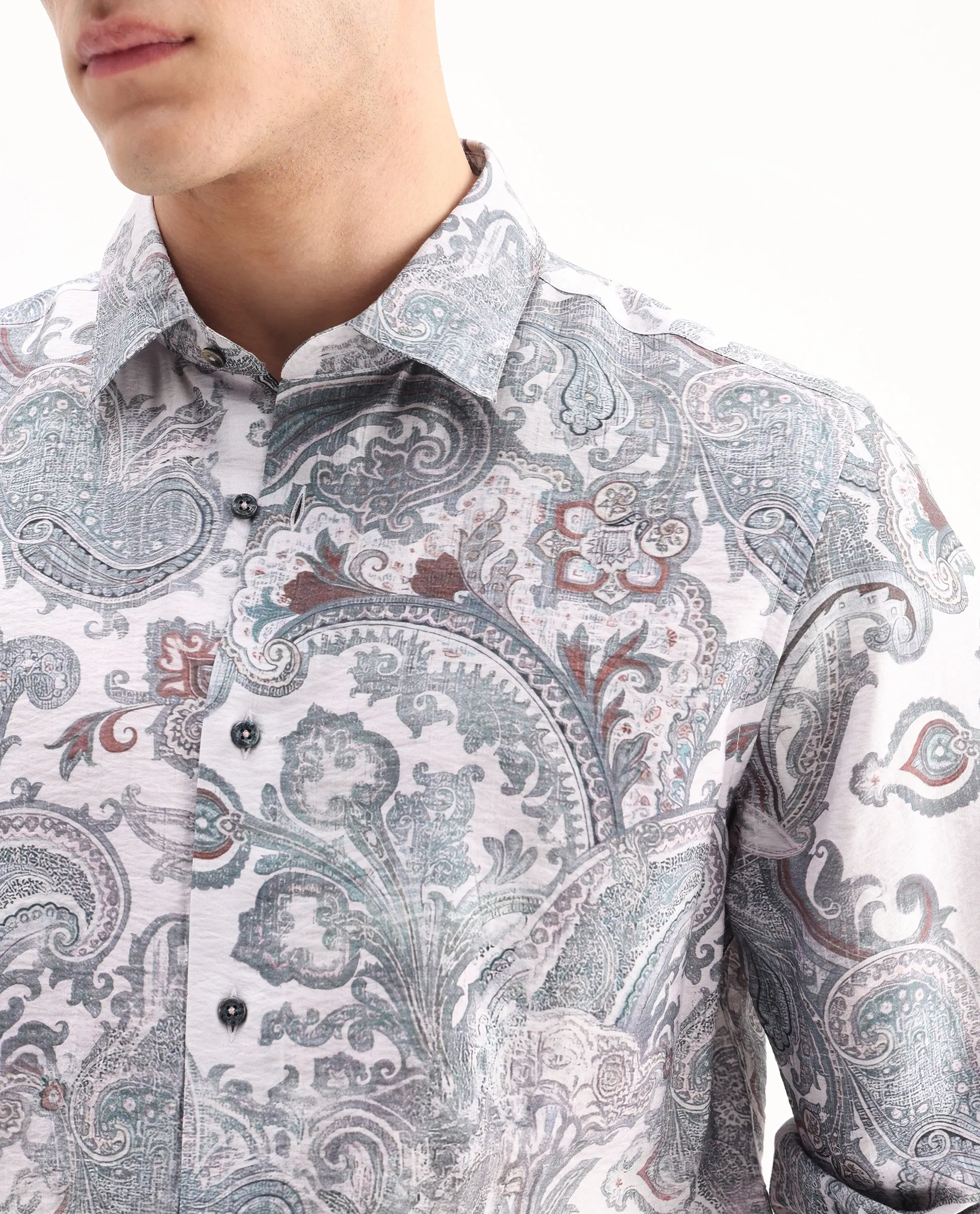 Rare Rabbit Men's Livro Off White Viscose Blend Paisley Print Regular Fit Full Sleeve Collared Shirt - Image 3