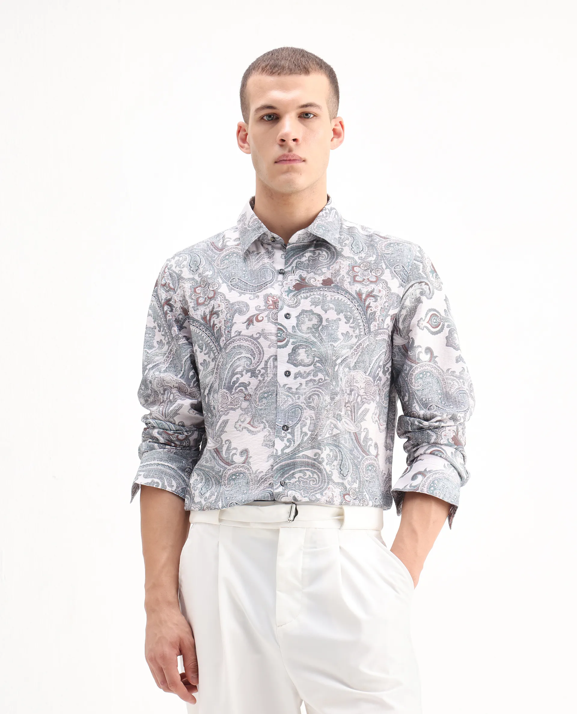 Rare Rabbit Men's Livro Off White Viscose Blend Paisley Print Regular Fit Full Sleeve Collared Shirt - Image 4