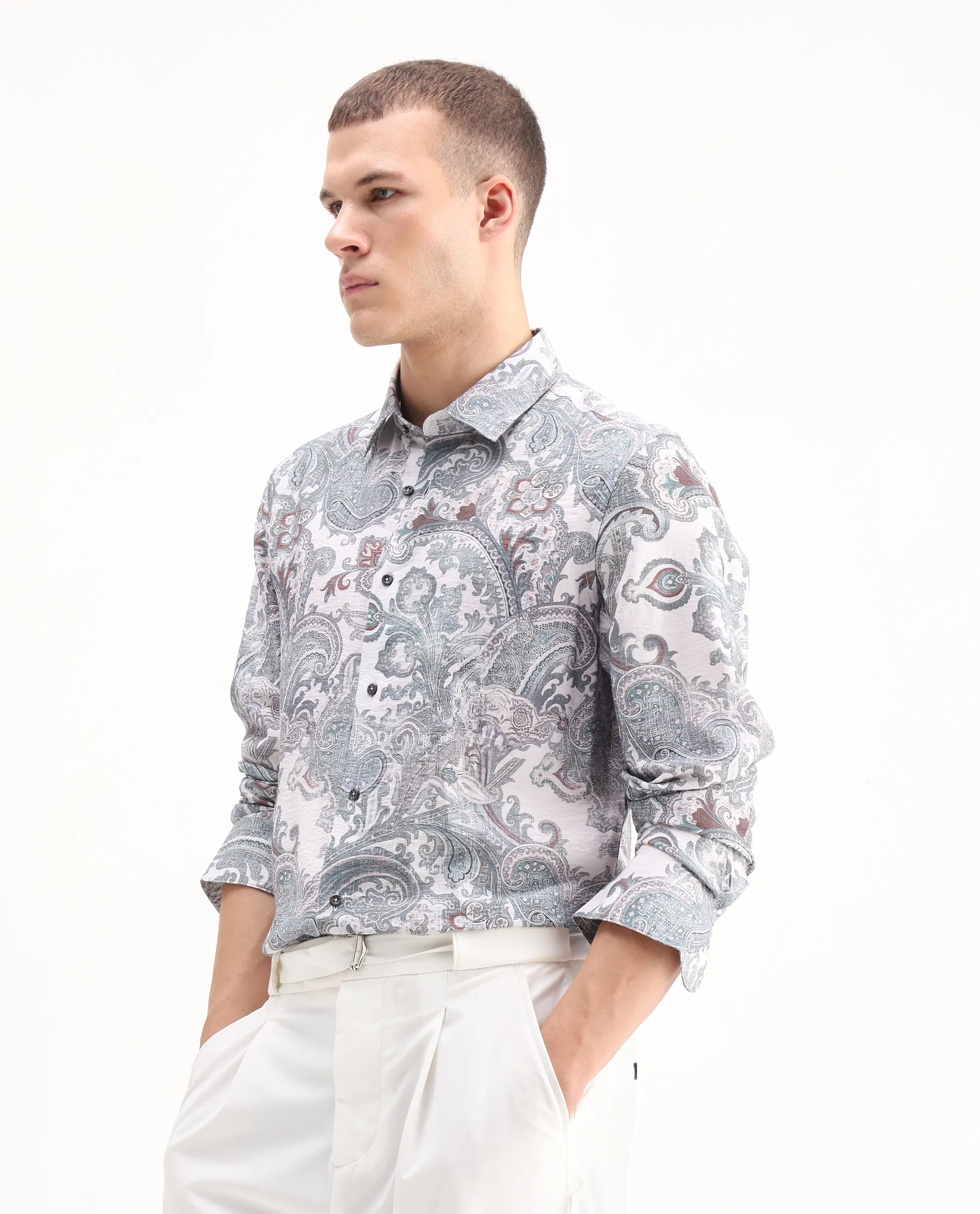 Rare Rabbit Men's Livro Off White Viscose Blend Paisley Print Regular Fit Full Sleeve Collared Shirt - Image 5