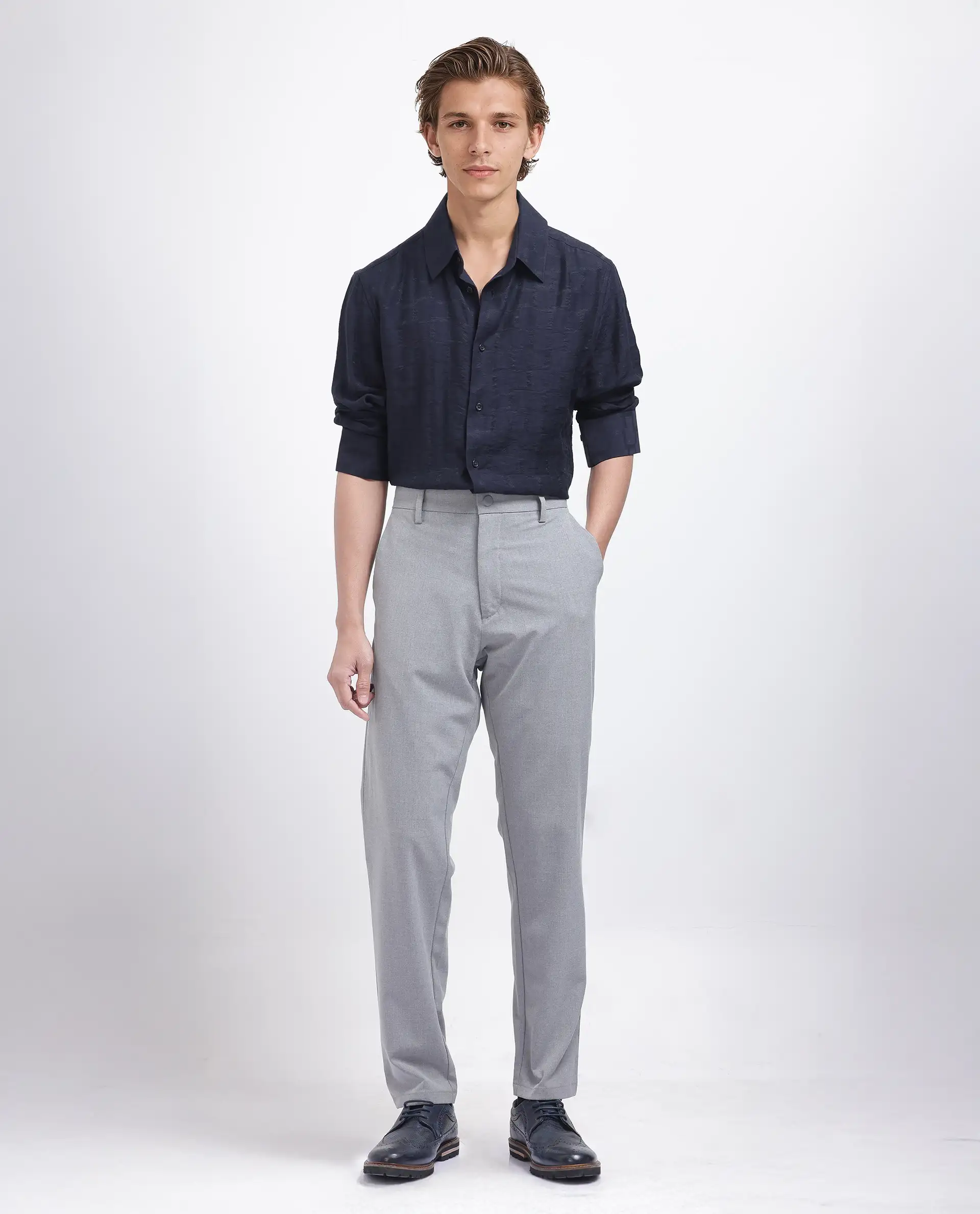 Rare Rabbit Men's Lixu Dark Navy Viscose Blend Jacquard Regular Fit Full Sleeve Collared Shirt - Image 2