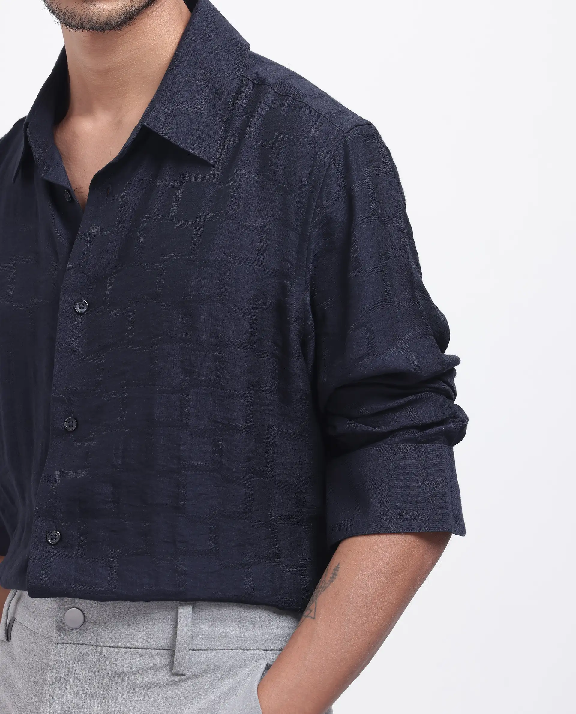 Rare Rabbit Men's Lixu Dark Navy Viscose Blend Jacquard Regular Fit Full Sleeve Collared Shirt - Image 3