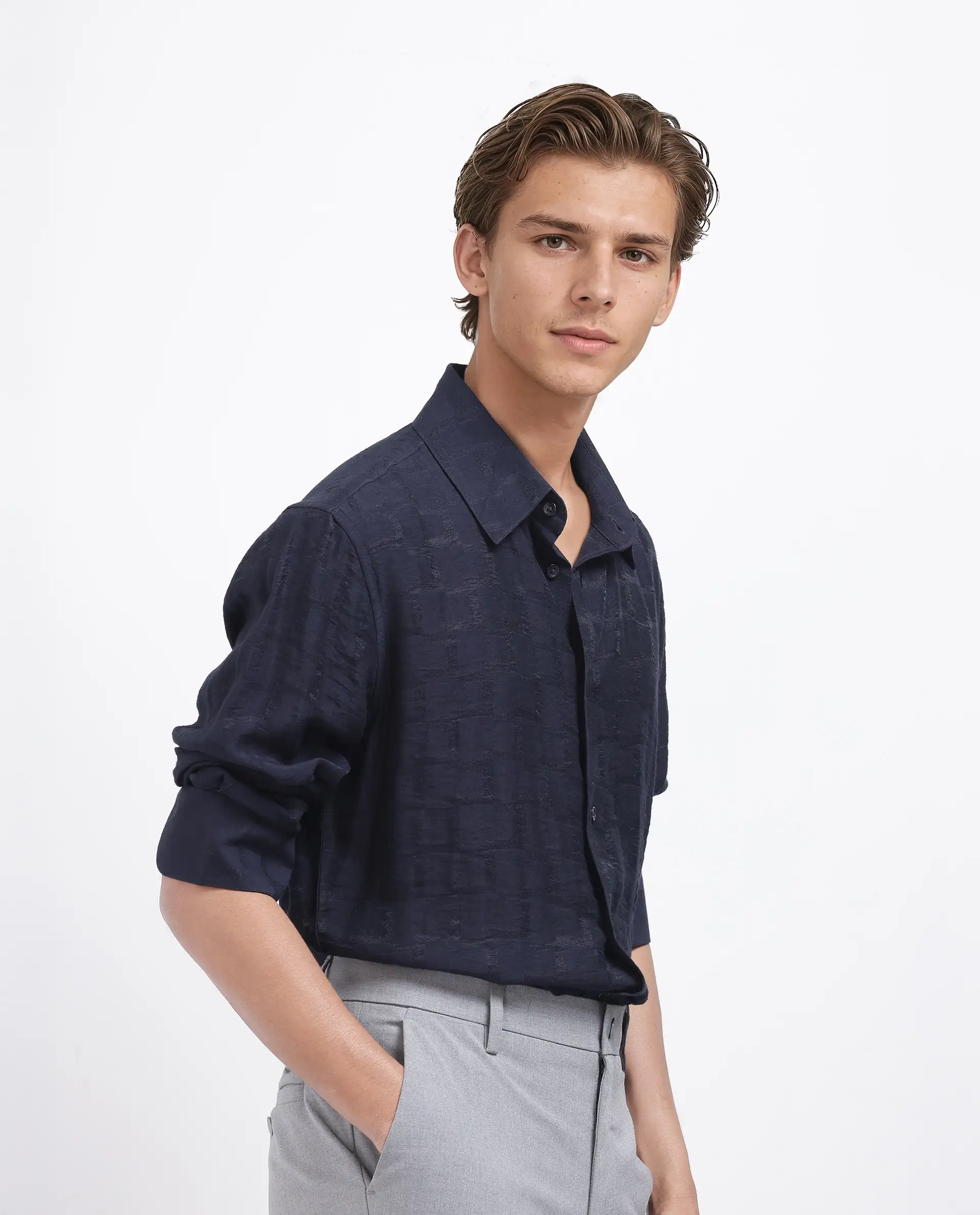 Rare Rabbit Men's Lixu Dark Navy Viscose Blend Jacquard Regular Fit Full Sleeve Collared Shirt - Image 5