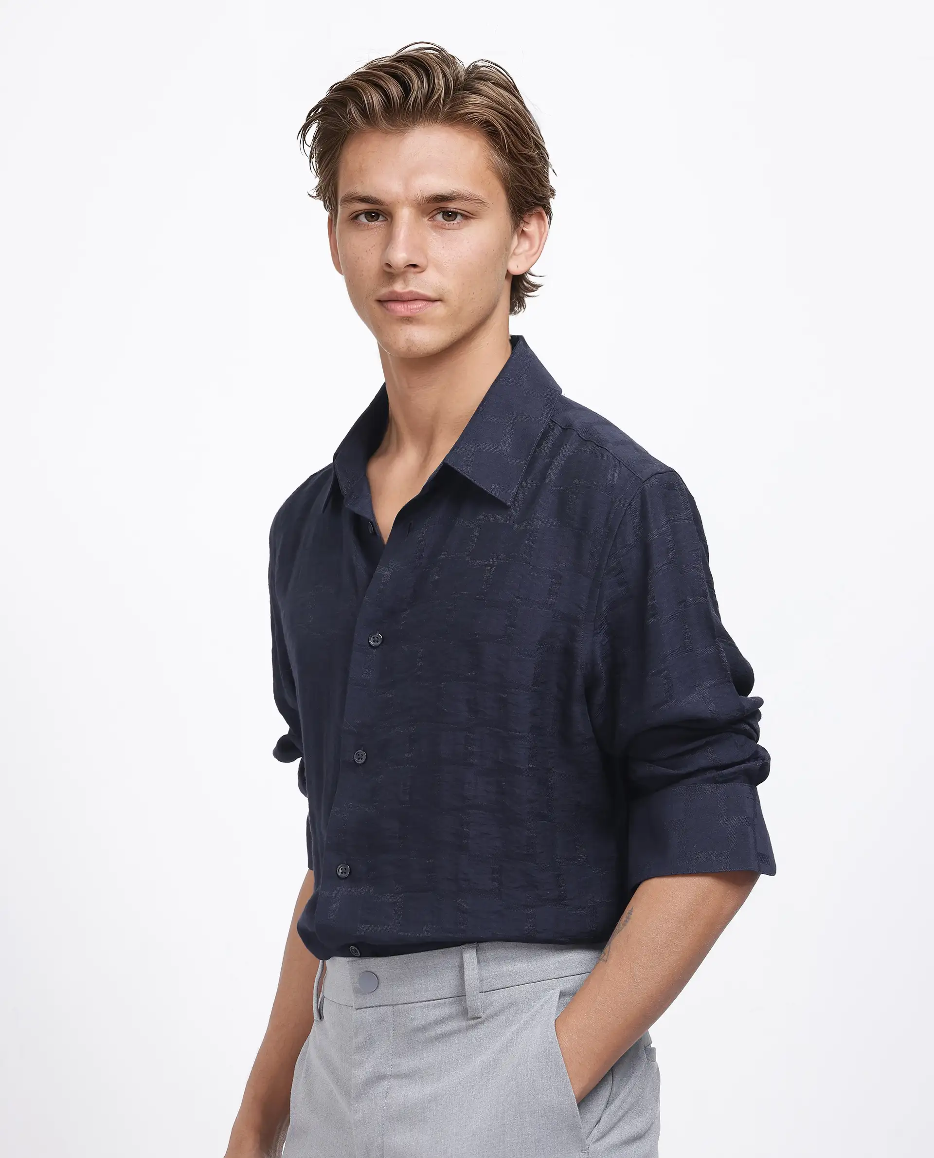 Rare Rabbit Men's Lixu Dark Navy Viscose Blend Jacquard Regular Fit Full Sleeve Collared Shirt - Image 6