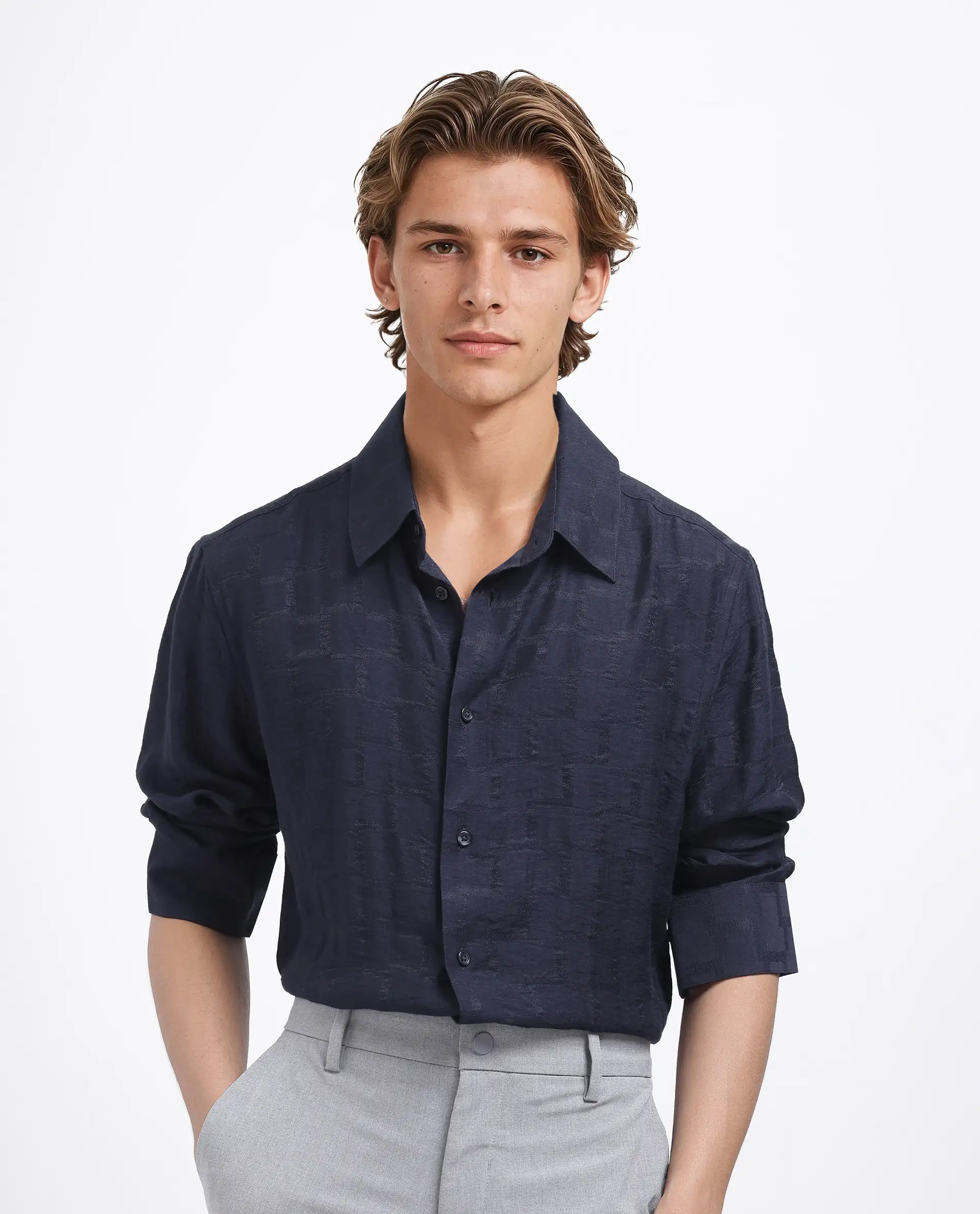 Rare Rabbit Men's Lixu Dark Navy Viscose Blend Jacquard Regular Fit Full Sleeve Collared Shirt - Image 7