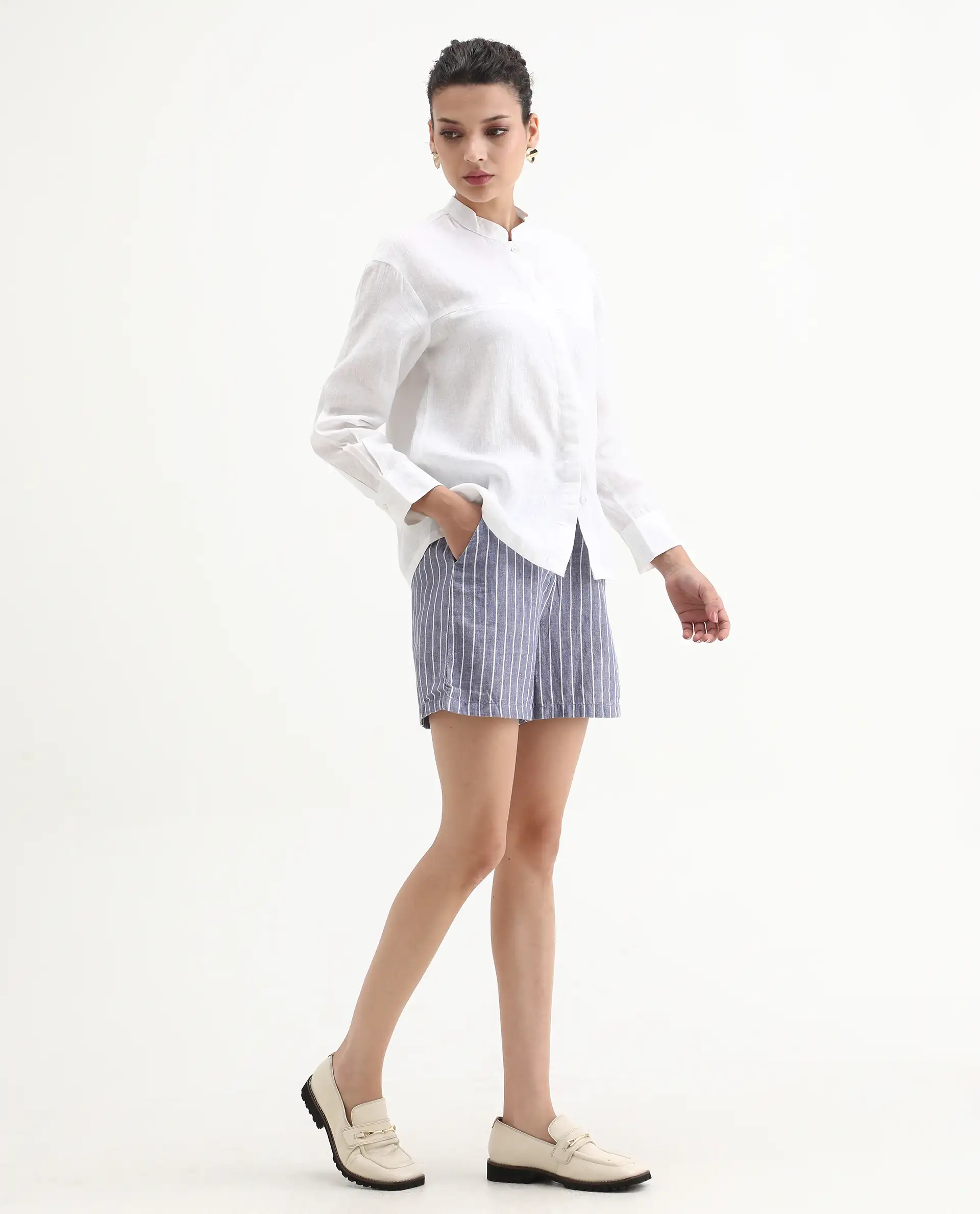 Rareism Women's Liya Blue Linen Striped Regular Fit Shorts - Image 4