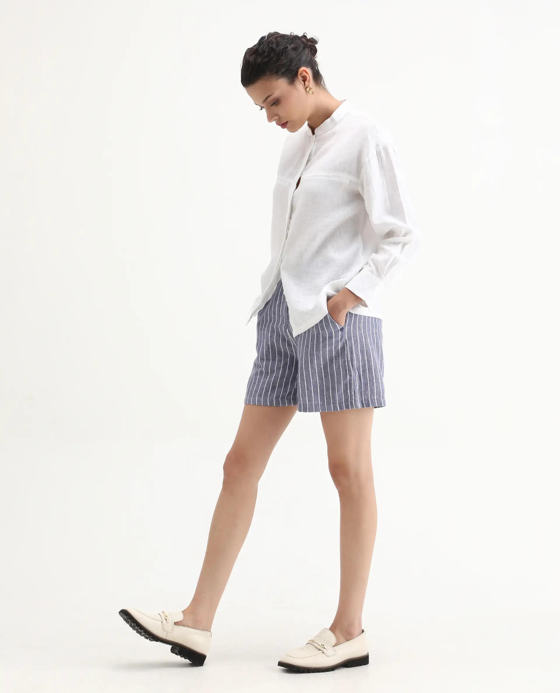 Rareism Women's Liya Blue Linen Striped Regular Fit Shorts - Image 5