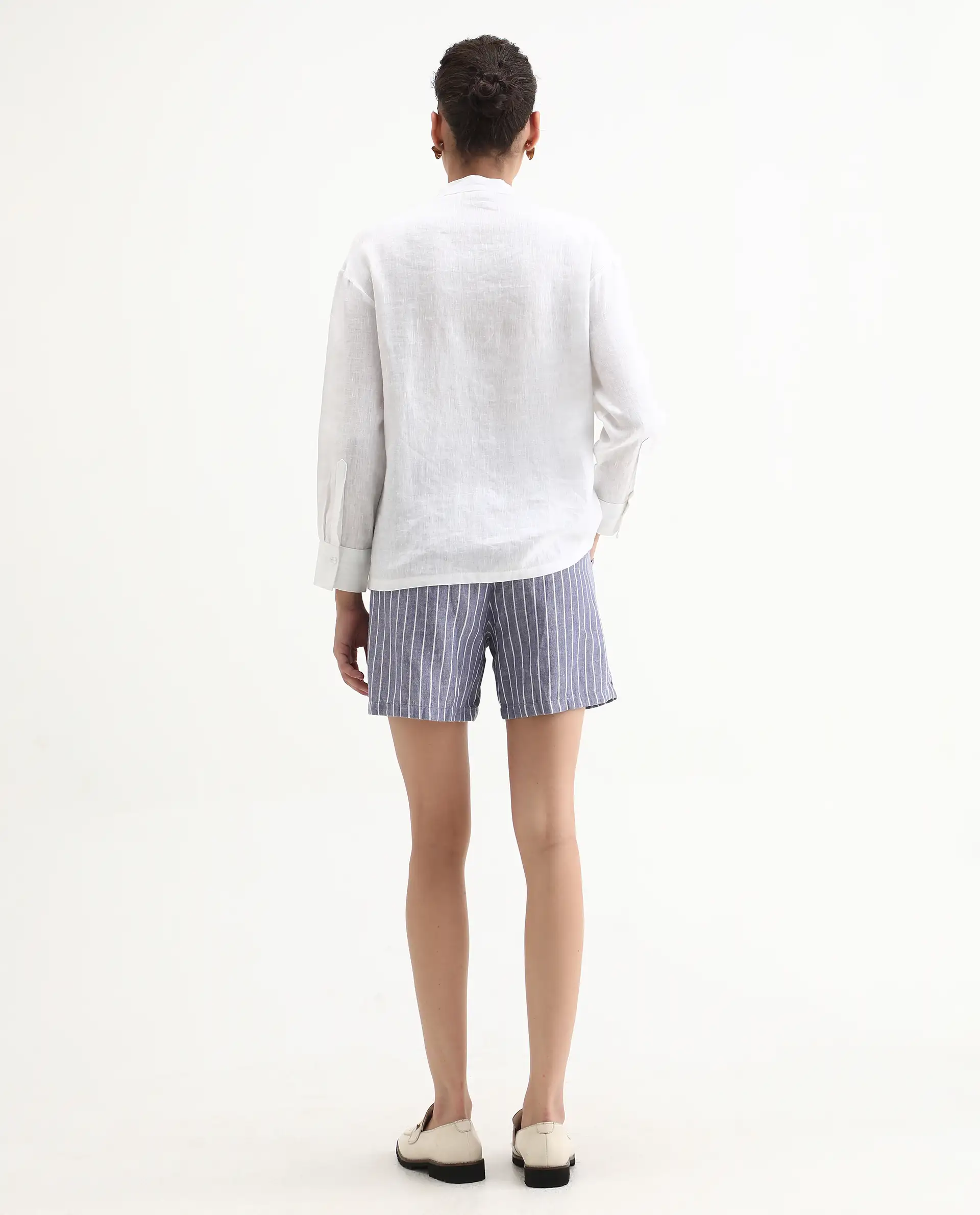 Rareism Women's Liya Blue Linen Striped Regular Fit Shorts - Image 8