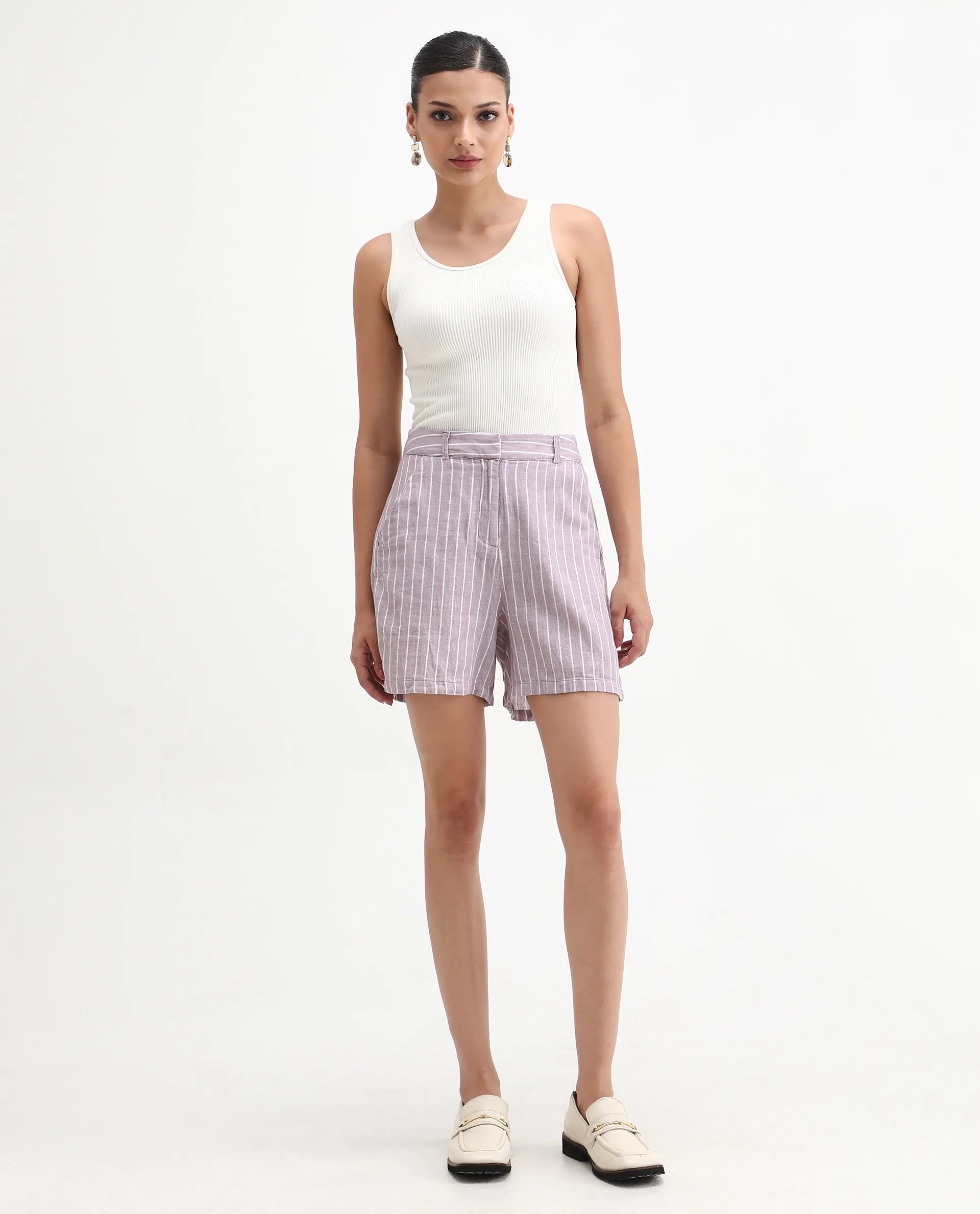 Rareism Women's Liya Purple Linen Striped Regular Fit Shorts - Image 4
