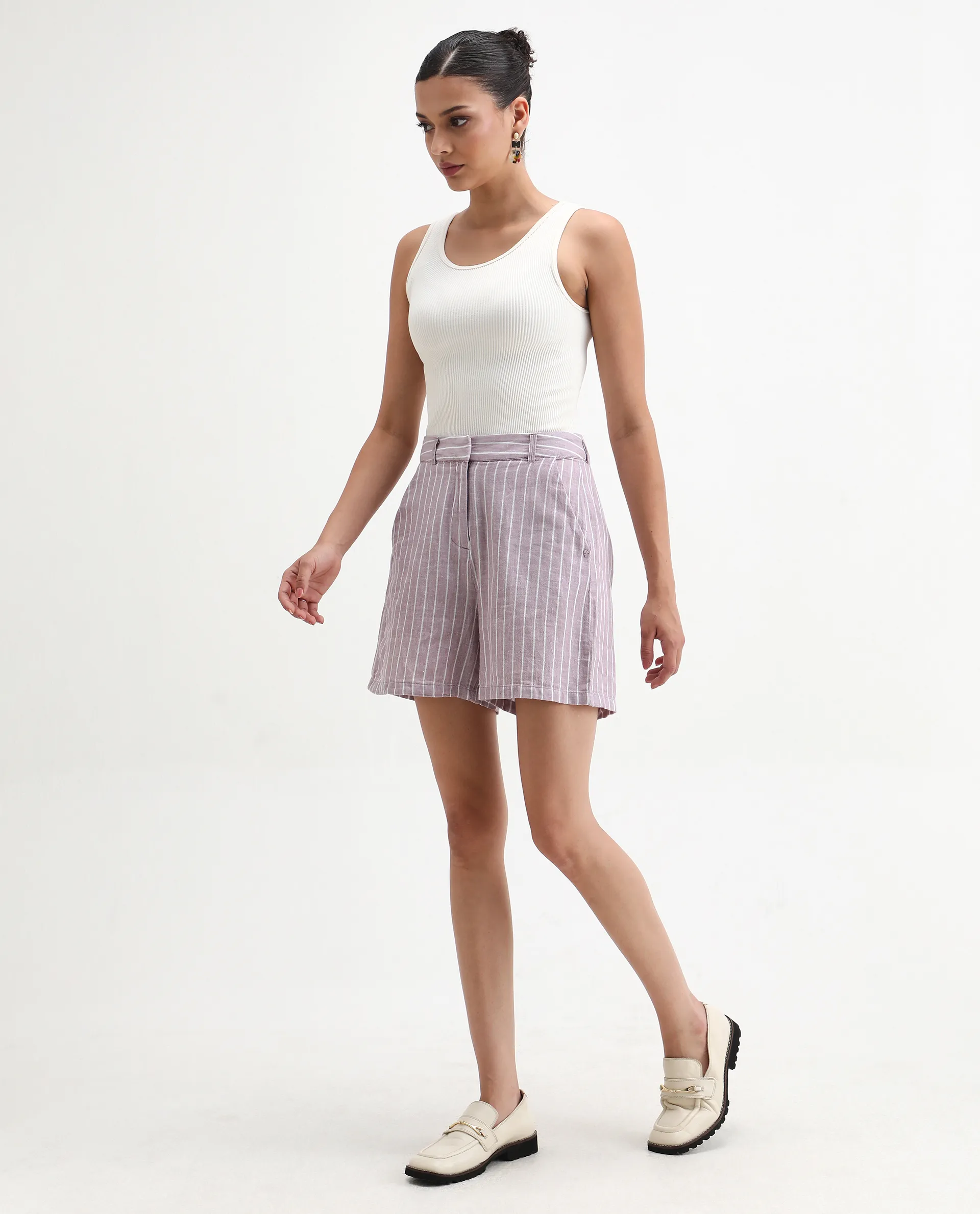 Rareism Women's Liya Purple Linen Striped Regular Fit Shorts - Image 5