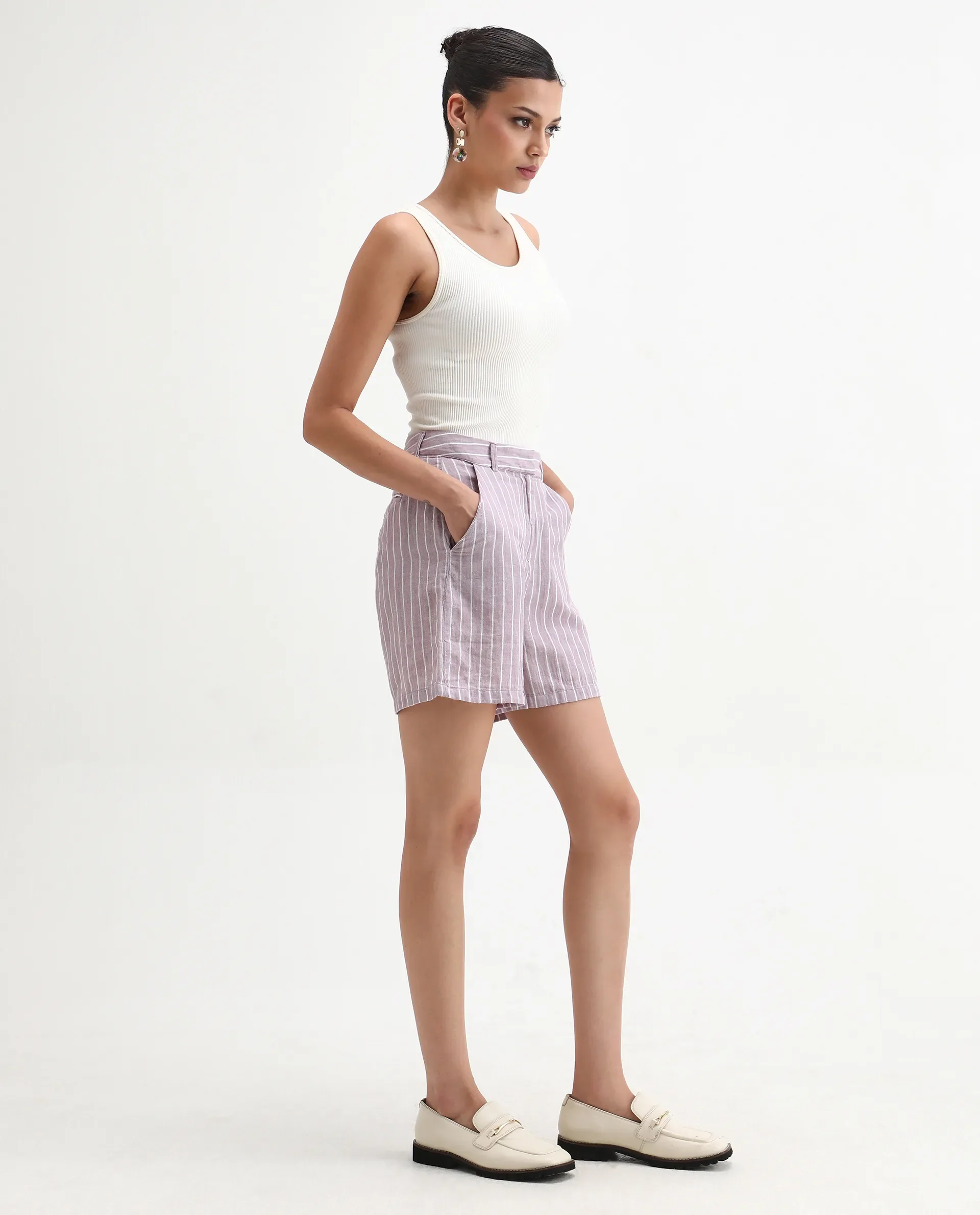Rareism Women's Liya Purple Linen Striped Regular Fit Shorts - Image 6