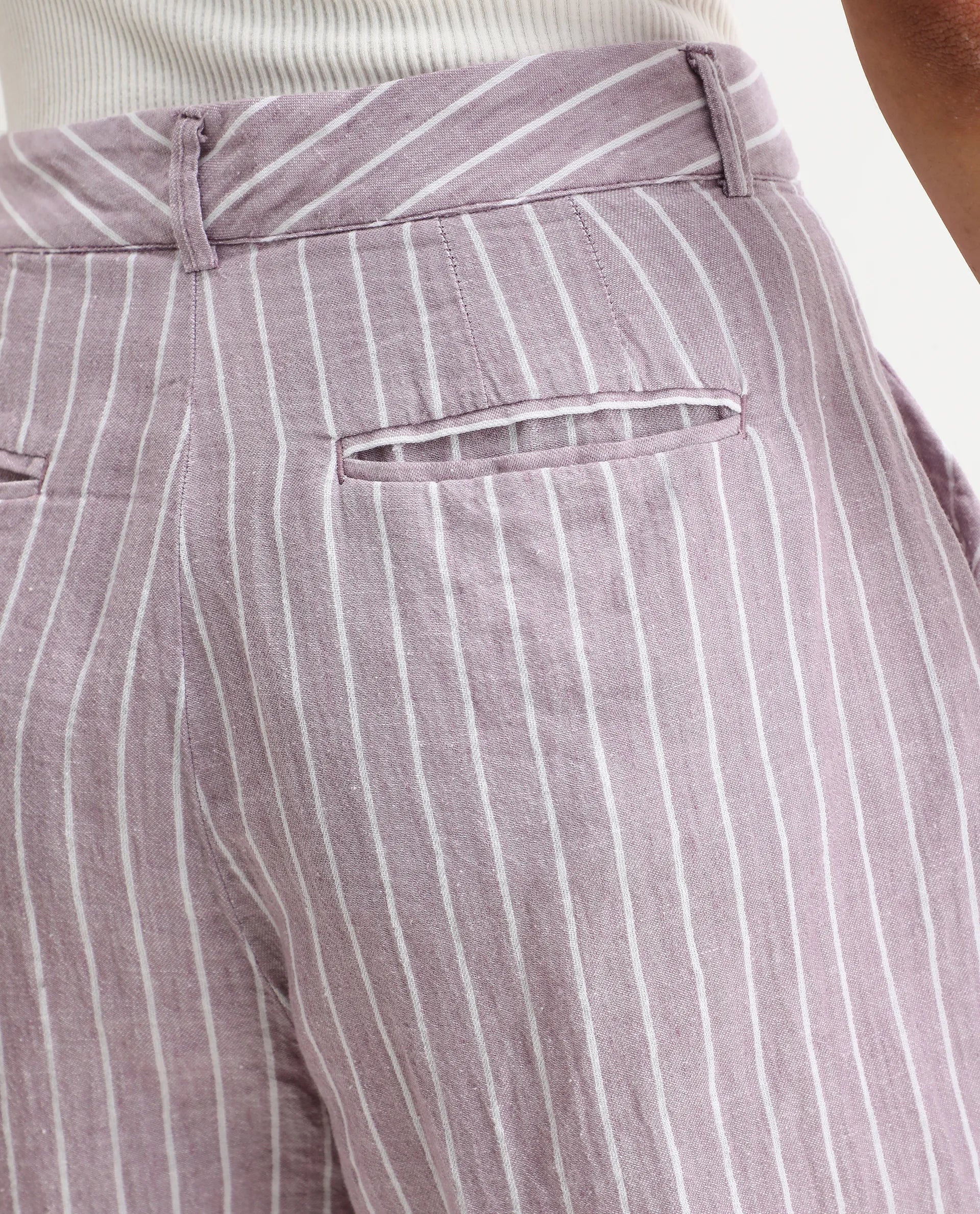 Rareism Women's Liya Purple Linen Striped Regular Fit Shorts - Image 7
