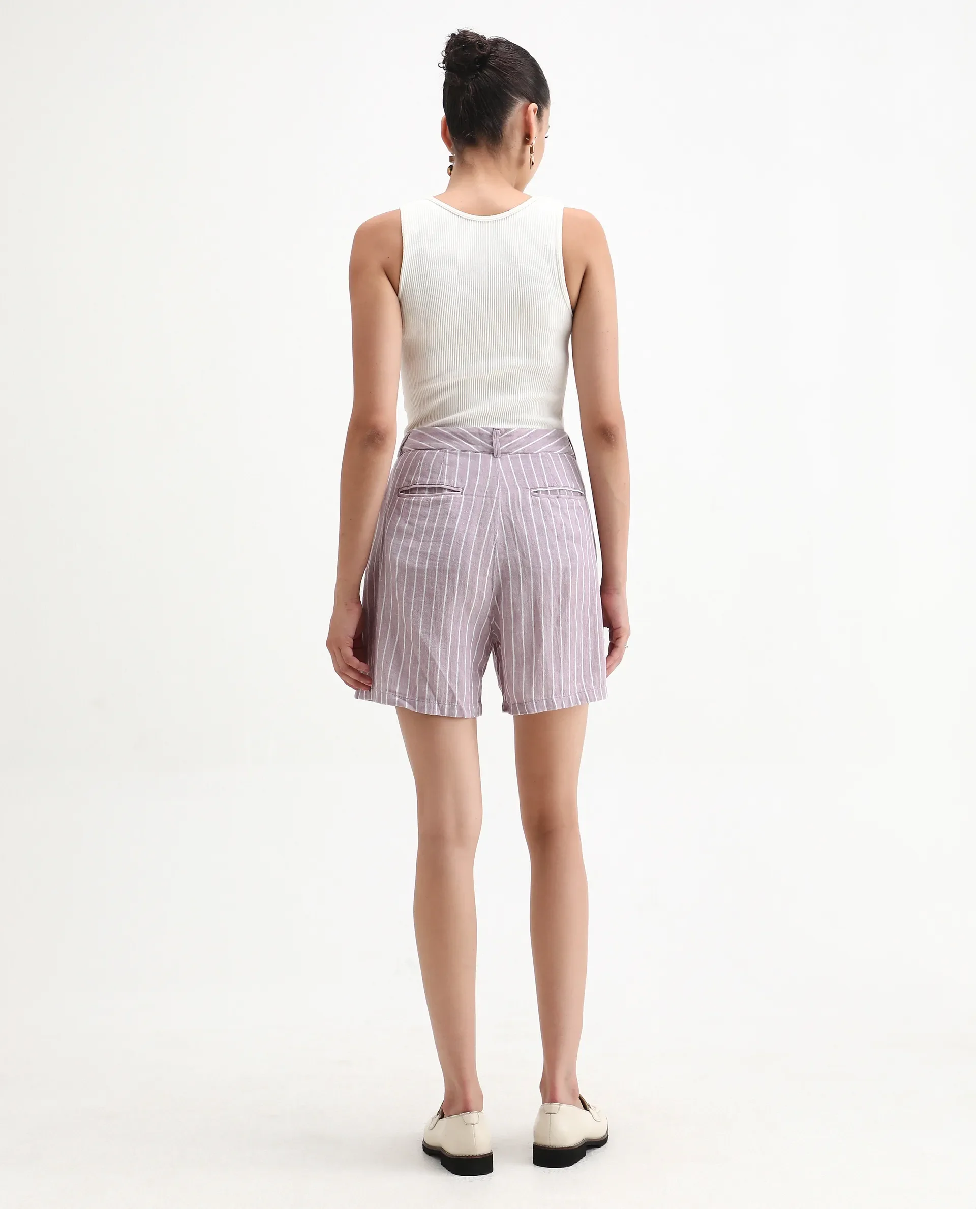 Rareism Women's Liya Purple Linen Striped Regular Fit Shorts - Image 8