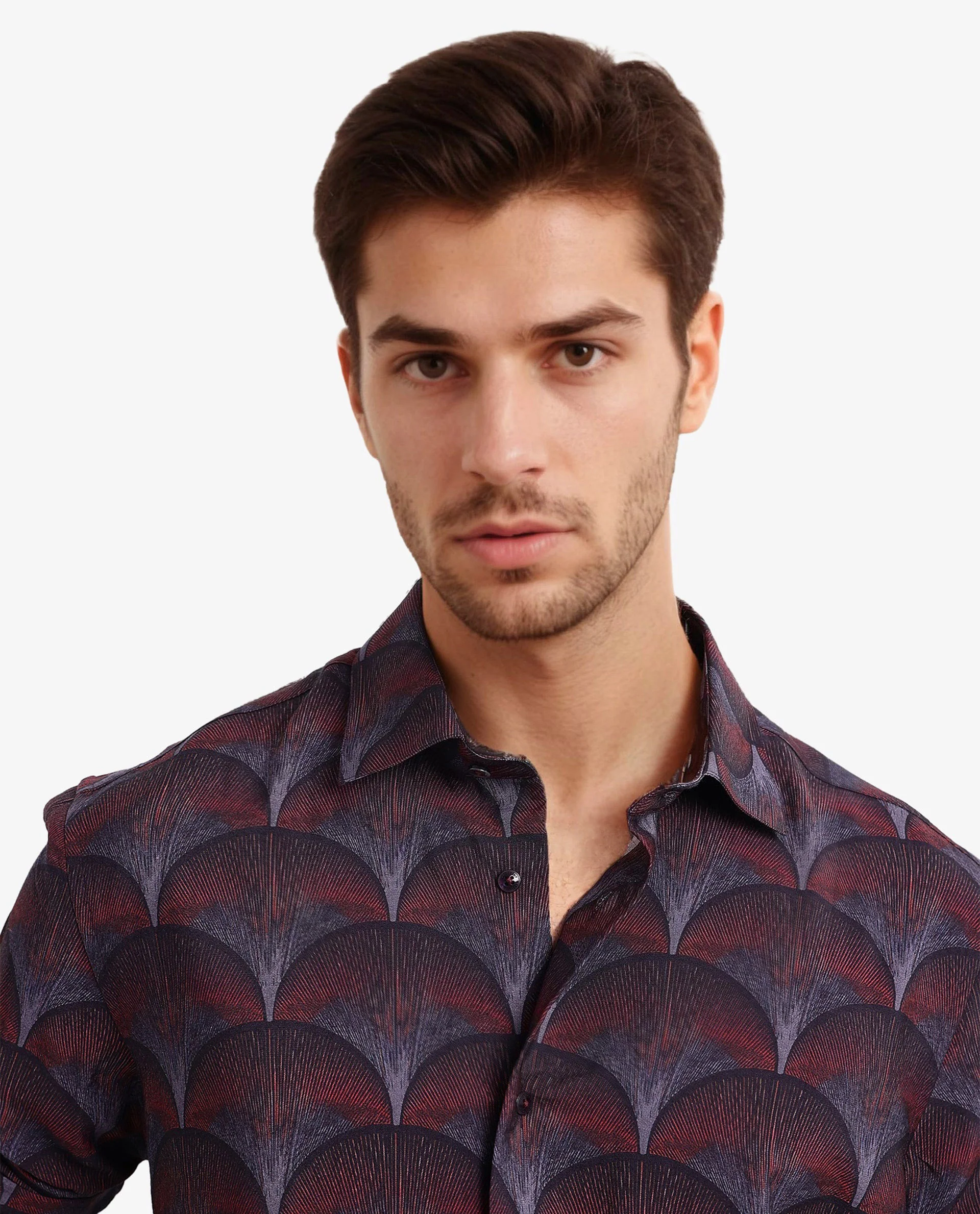 Rare Rabbit Men's Lizan Maroon Viscose Abstract Print Regular Fit Full Sleeve Collared Shirt - Image 2