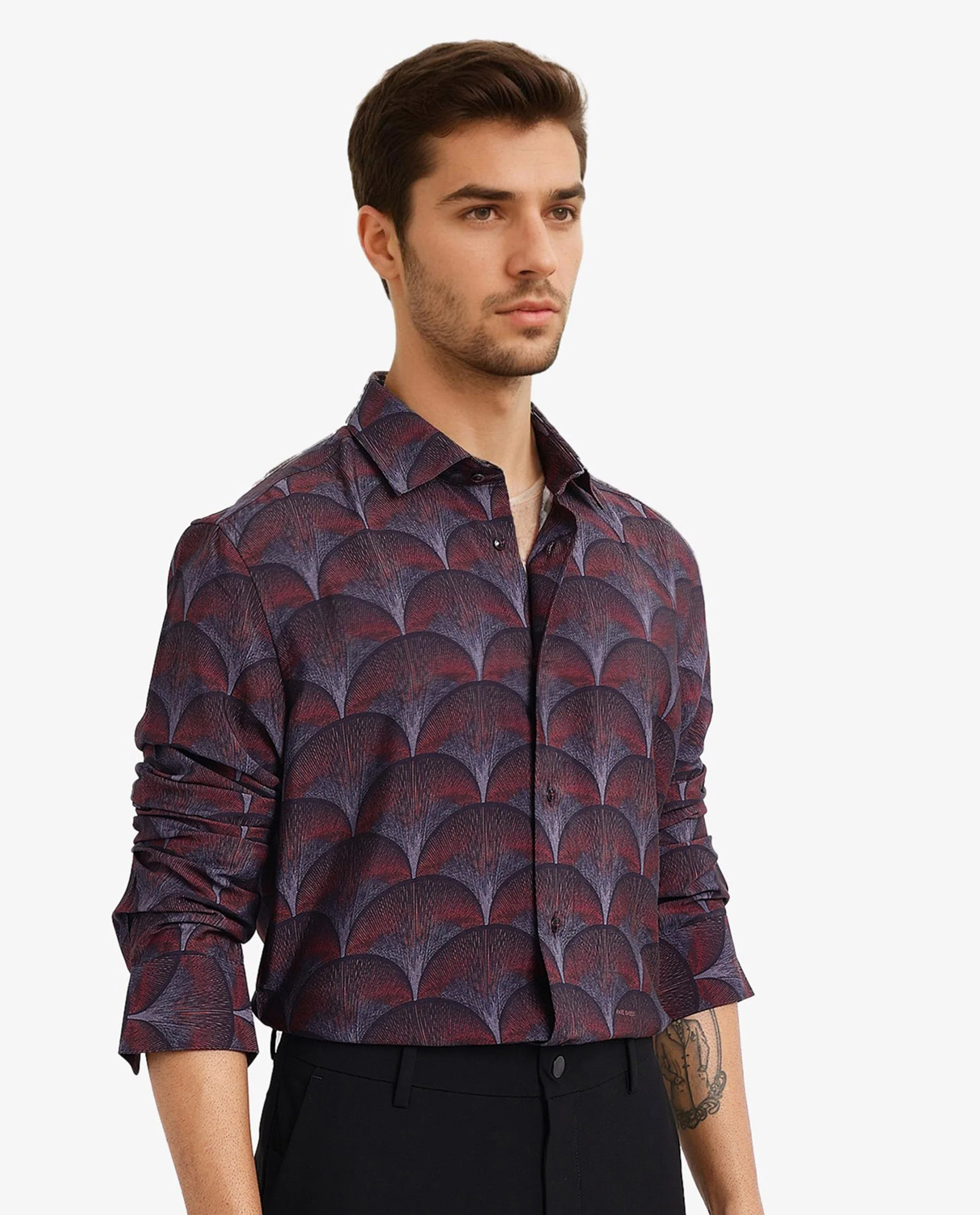 Rare Rabbit Men's Lizan Maroon Viscose Abstract Print Regular Fit Full Sleeve Collared Shirt - Image 5