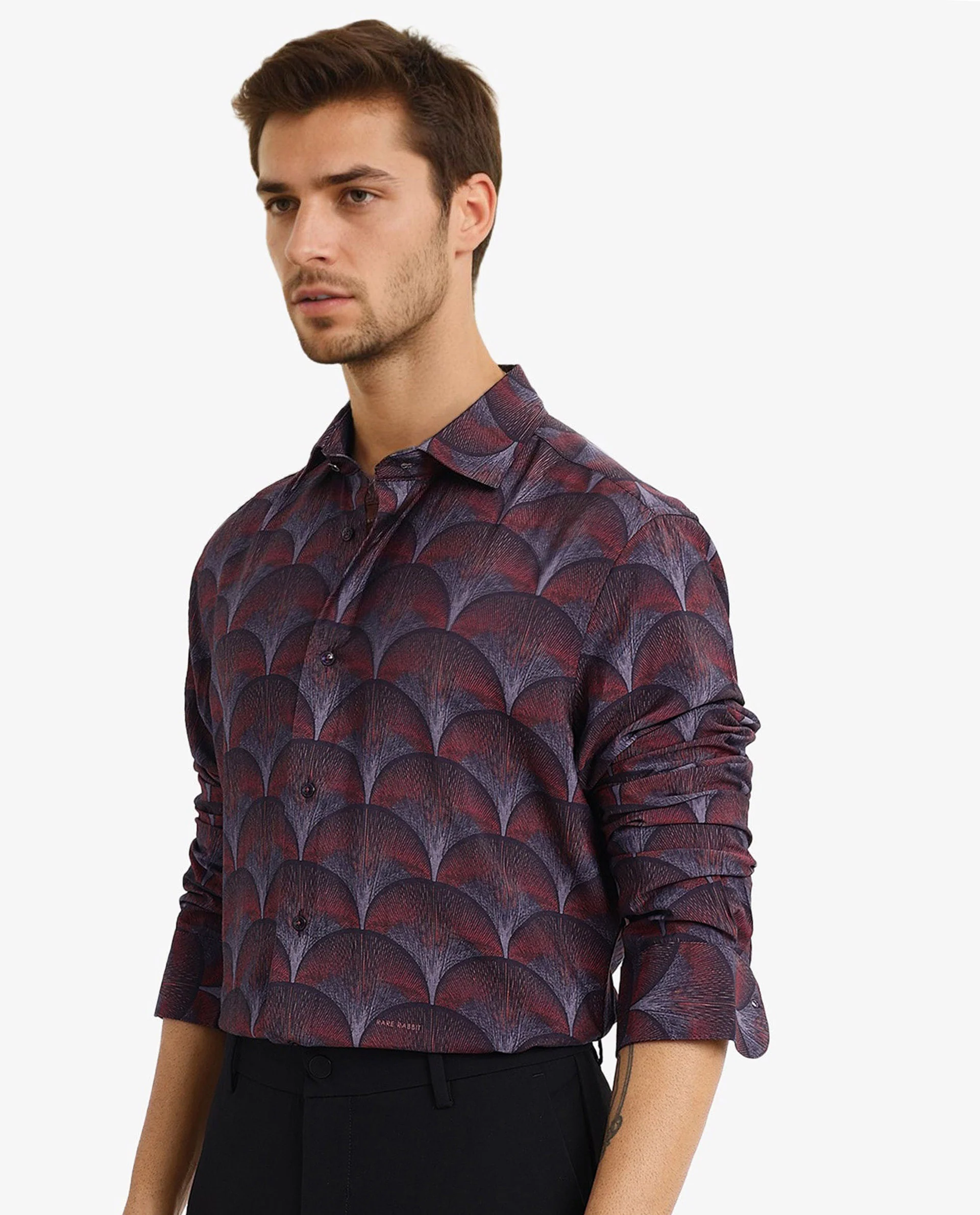 Rare Rabbit Men's Lizan Maroon Viscose Abstract Print Regular Fit Full Sleeve Collared Shirt - Image 6