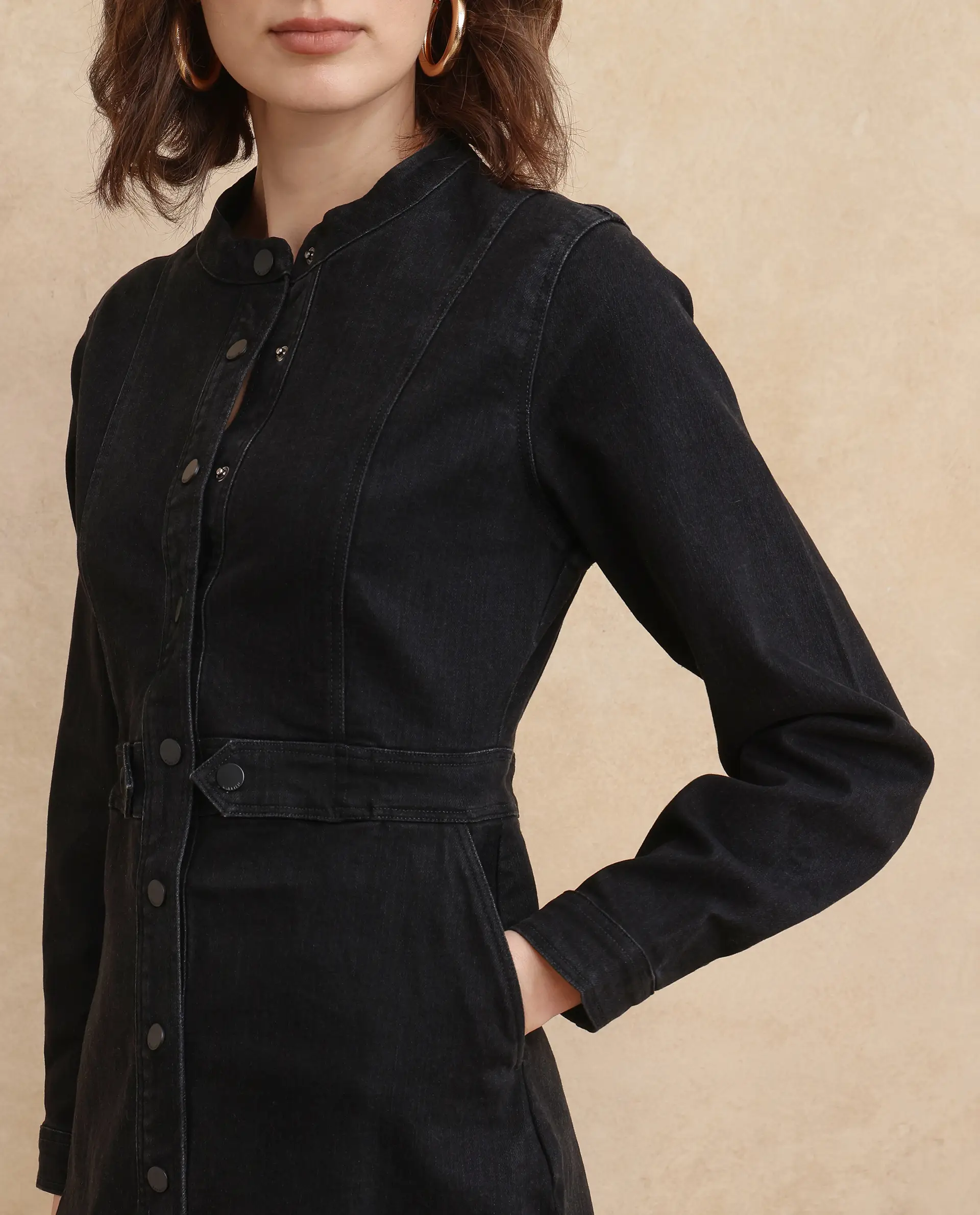 Rareism Women's Lizmi Black Cotton Blend High Neck Plain Cuffed Sleeve Mini Regular Fit Dress - Image 2