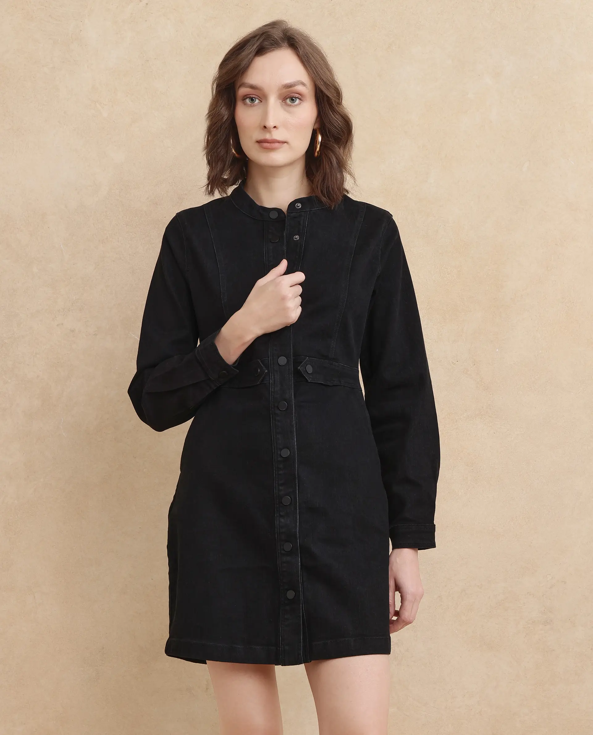 Rareism Women's Lizmi Black Cotton Blend High Neck Plain Cuffed Sleeve Mini Regular Fit Dress - Image 4