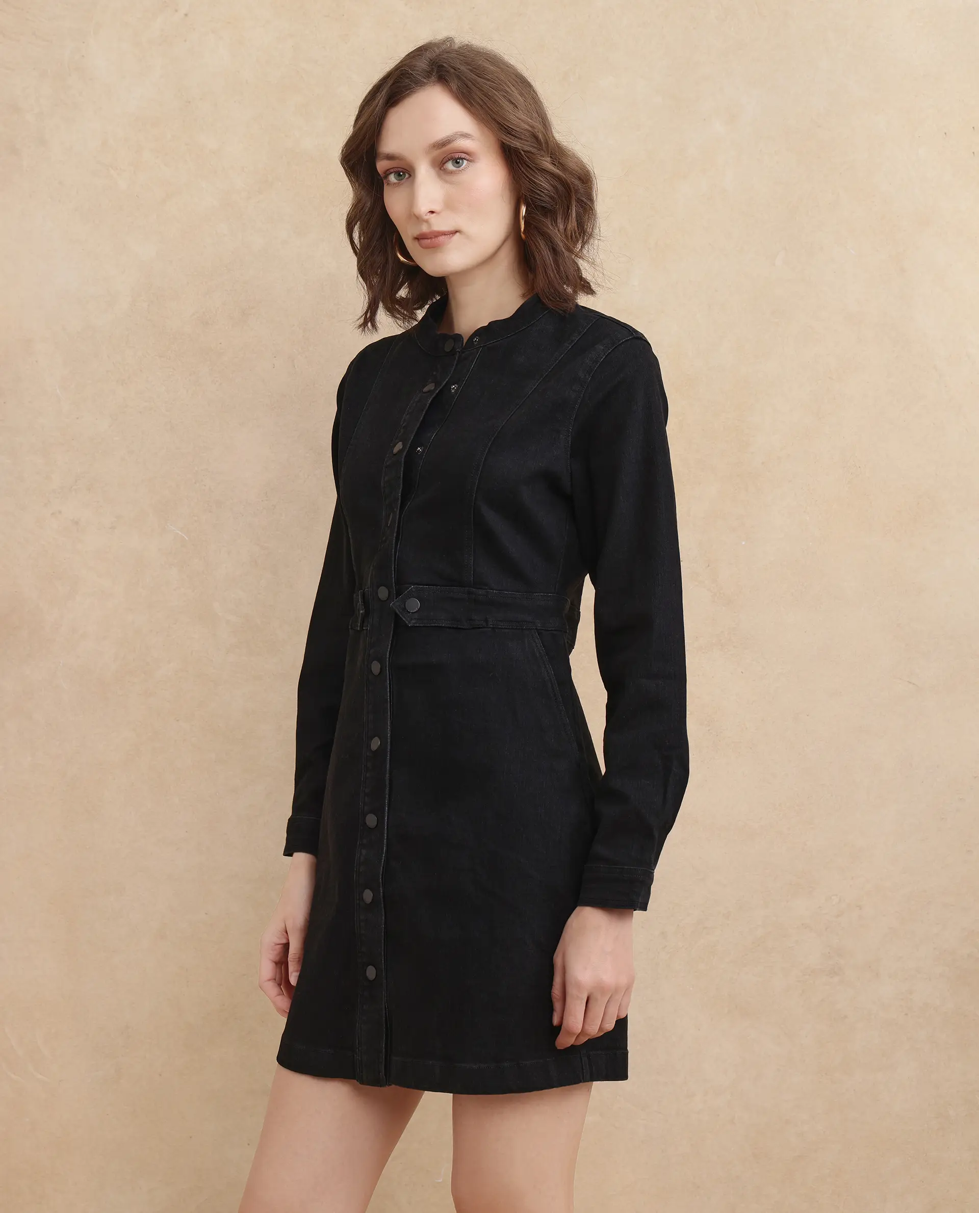 Rareism Women's Lizmi Black Cotton Blend High Neck Plain Cuffed Sleeve Mini Regular Fit Dress - Image 5