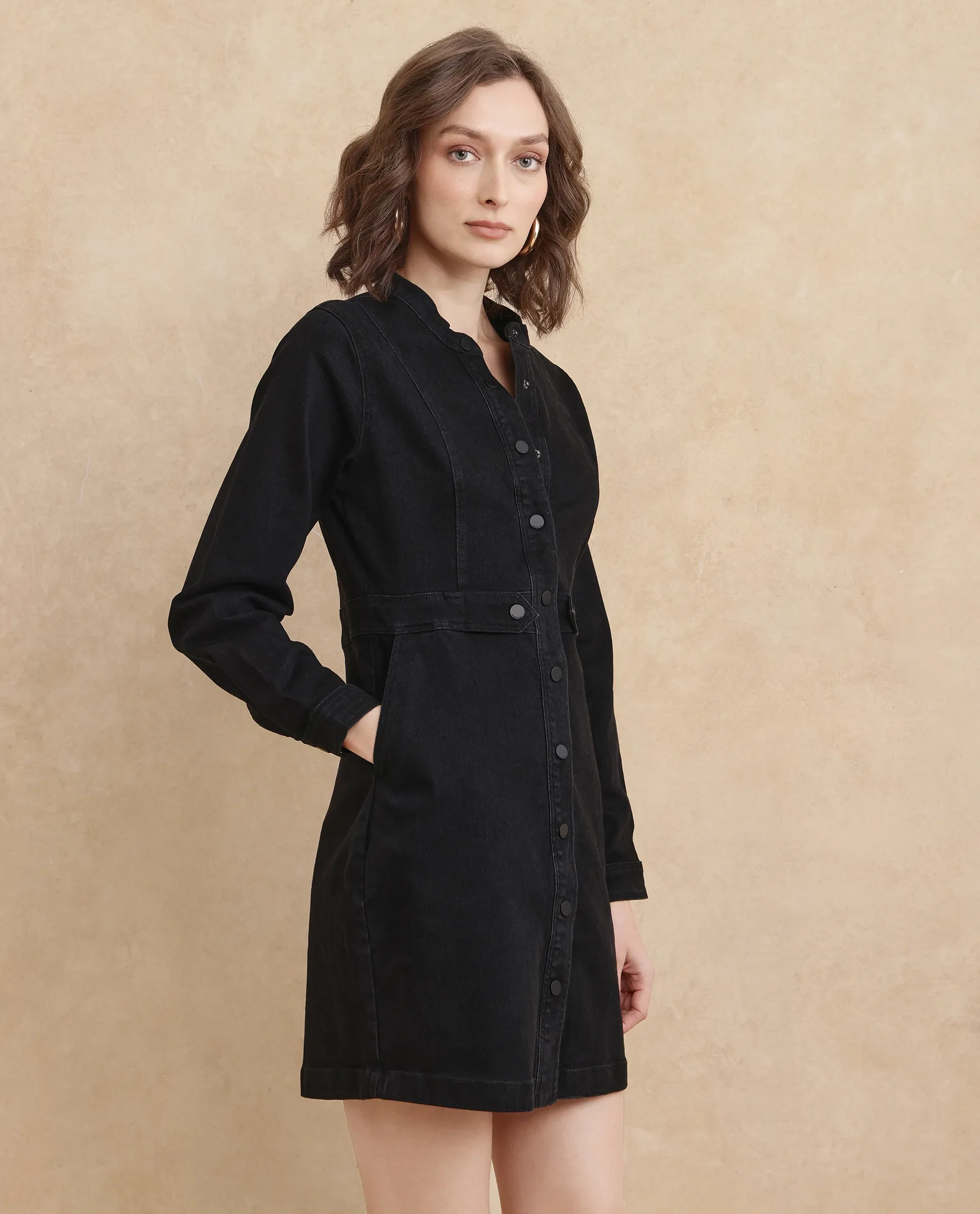 Rareism Women's Lizmi Black Cotton Blend High Neck Plain Cuffed Sleeve Mini Regular Fit Dress - Image 6