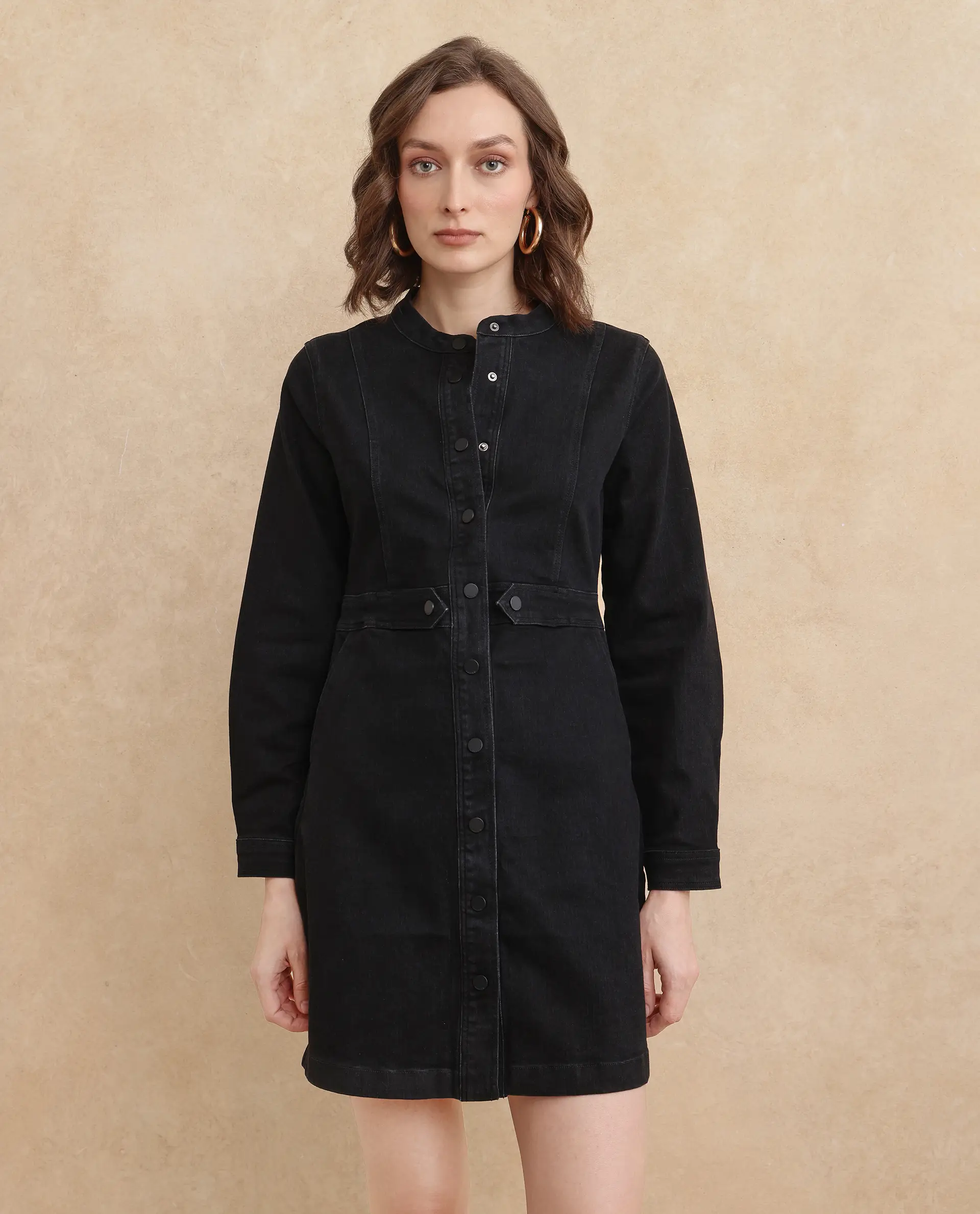 Rareism Women's Lizmi Black Cotton Blend High Neck Plain Cuffed Sleeve Mini Regular Fit Dress - Image 7