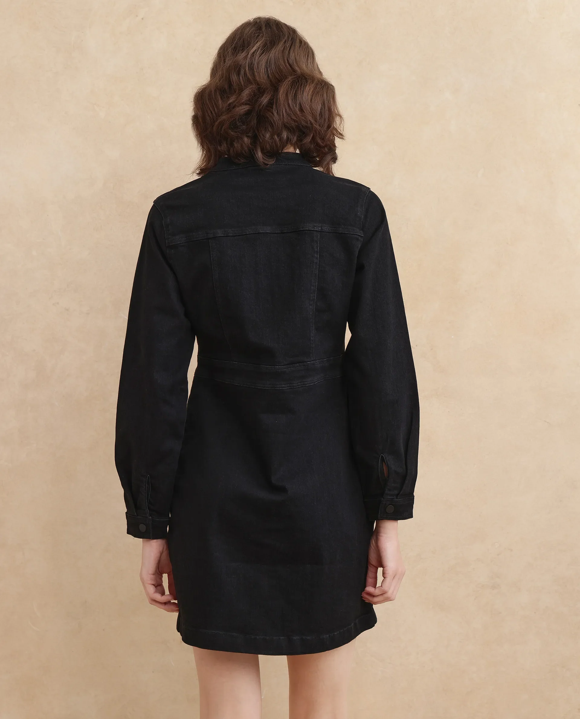 Rareism Women's Lizmi Black Cotton Blend High Neck Plain Cuffed Sleeve Mini Regular Fit Dress - Image 8