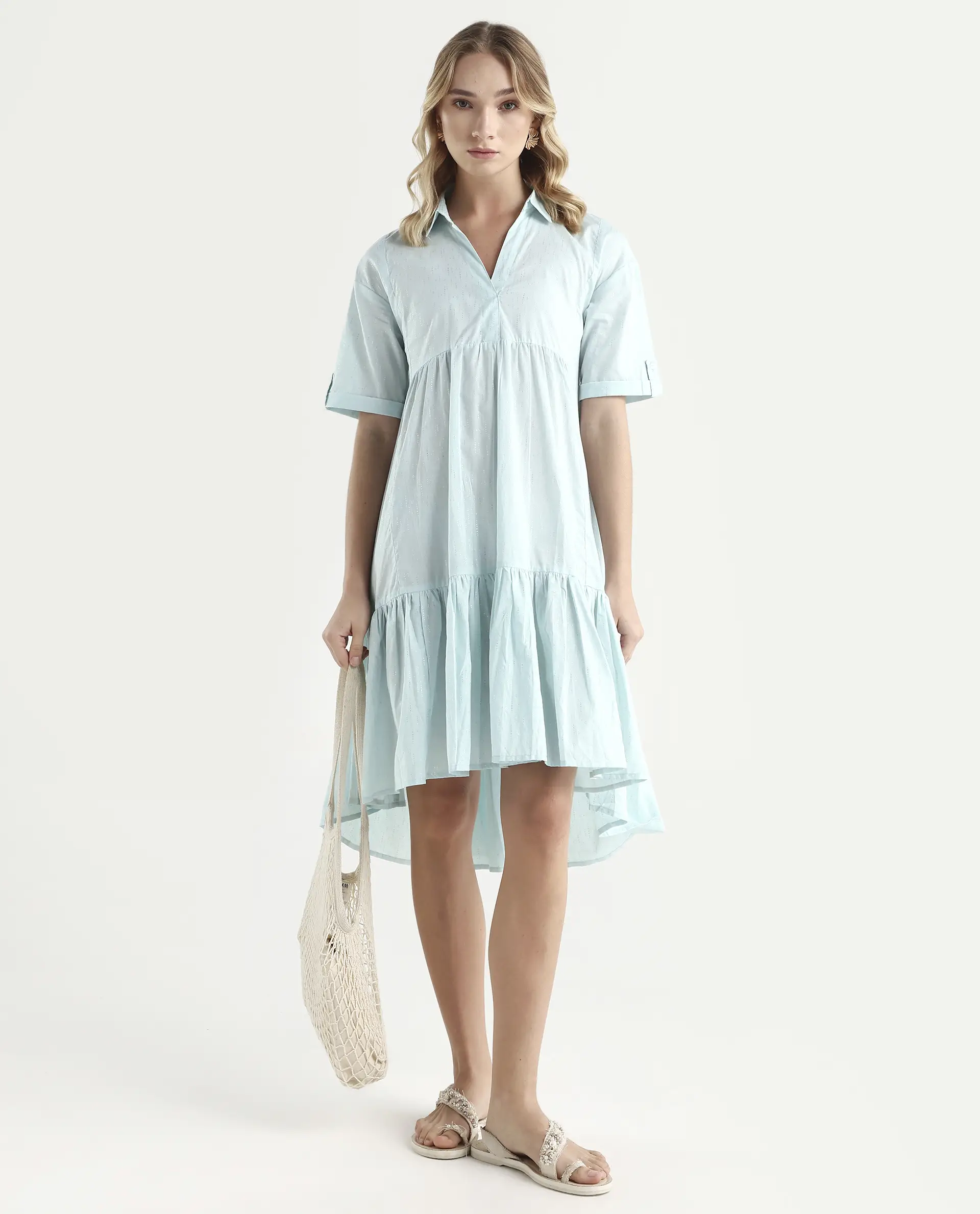 Rareism Women's Loaf Turq Cotton Spread Collar Plain Knee Length Flared Dress - Image 2