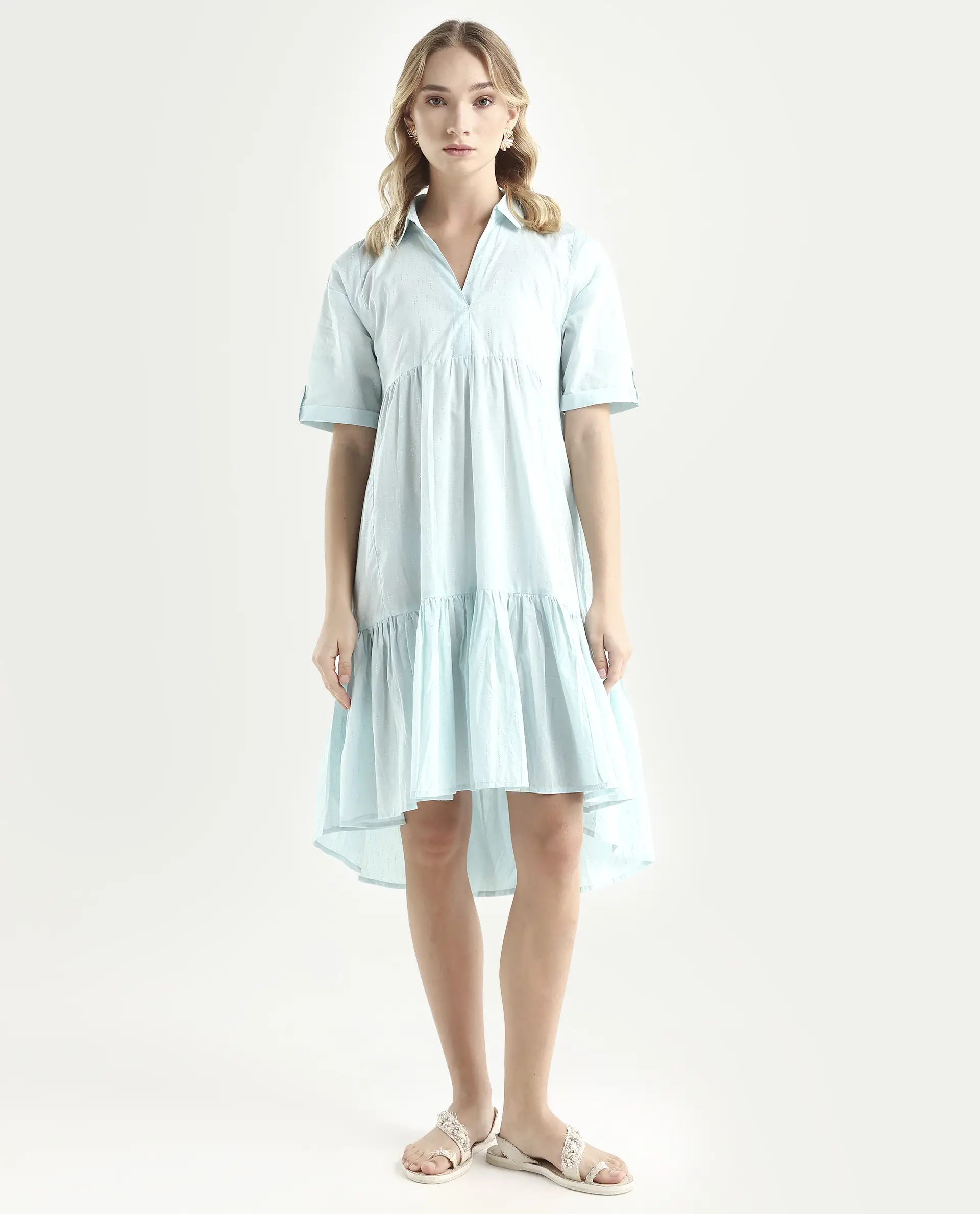 Rareism Women's Loaf Turq Cotton Spread Collar Plain Knee Length Flared Dress - Image 3