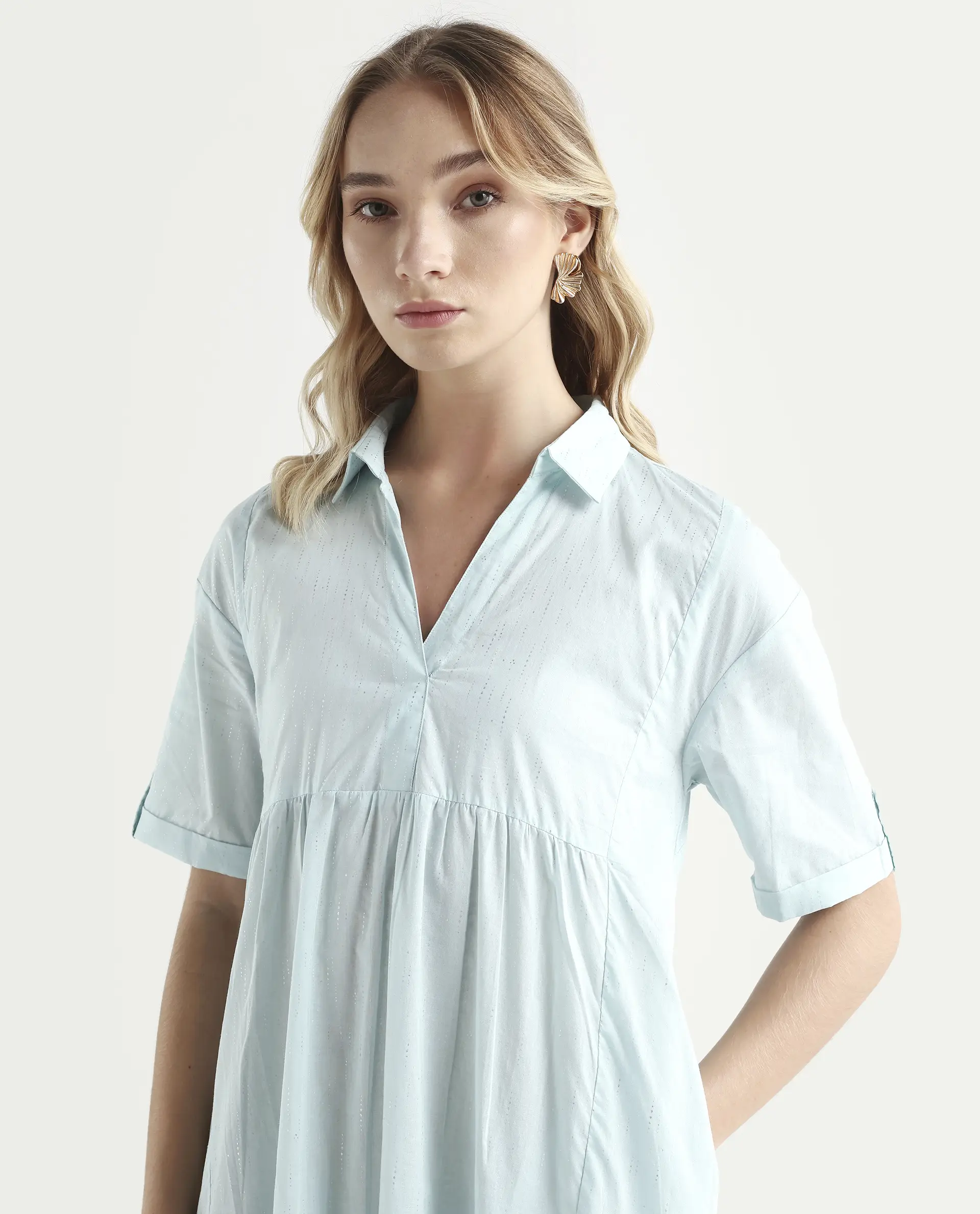 Rareism Women's Loaf Turq Cotton Spread Collar Plain Knee Length Flared Dress - Image 4