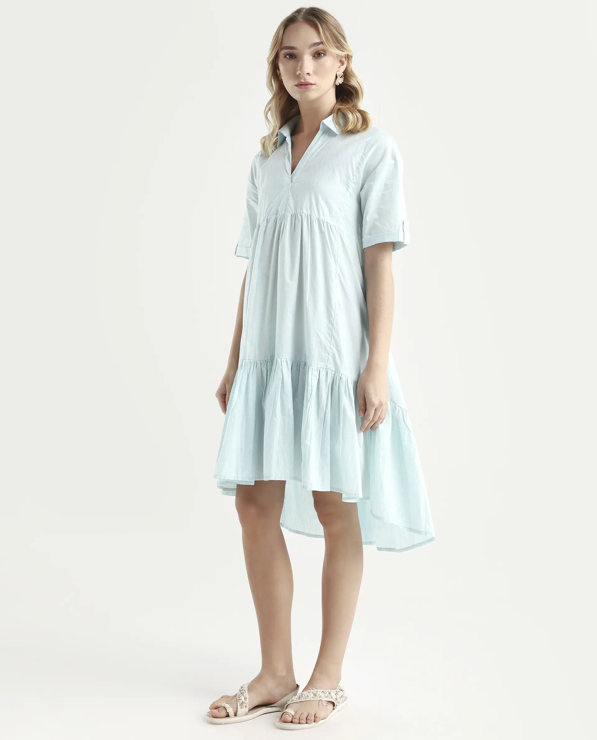 Rareism Women's Loaf Turq Cotton Spread Collar Plain Knee Length Flared Dress - Image 5