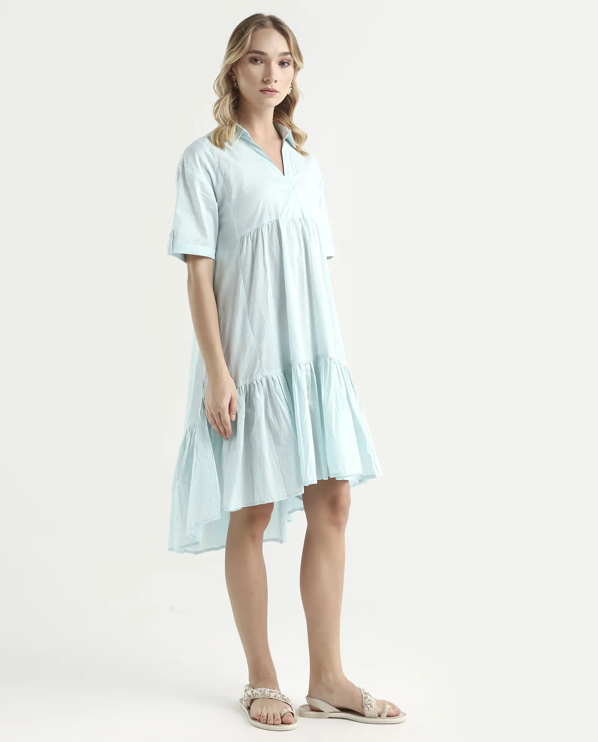 Rareism Women's Loaf Turq Cotton Spread Collar Plain Knee Length Flared Dress - Image 6