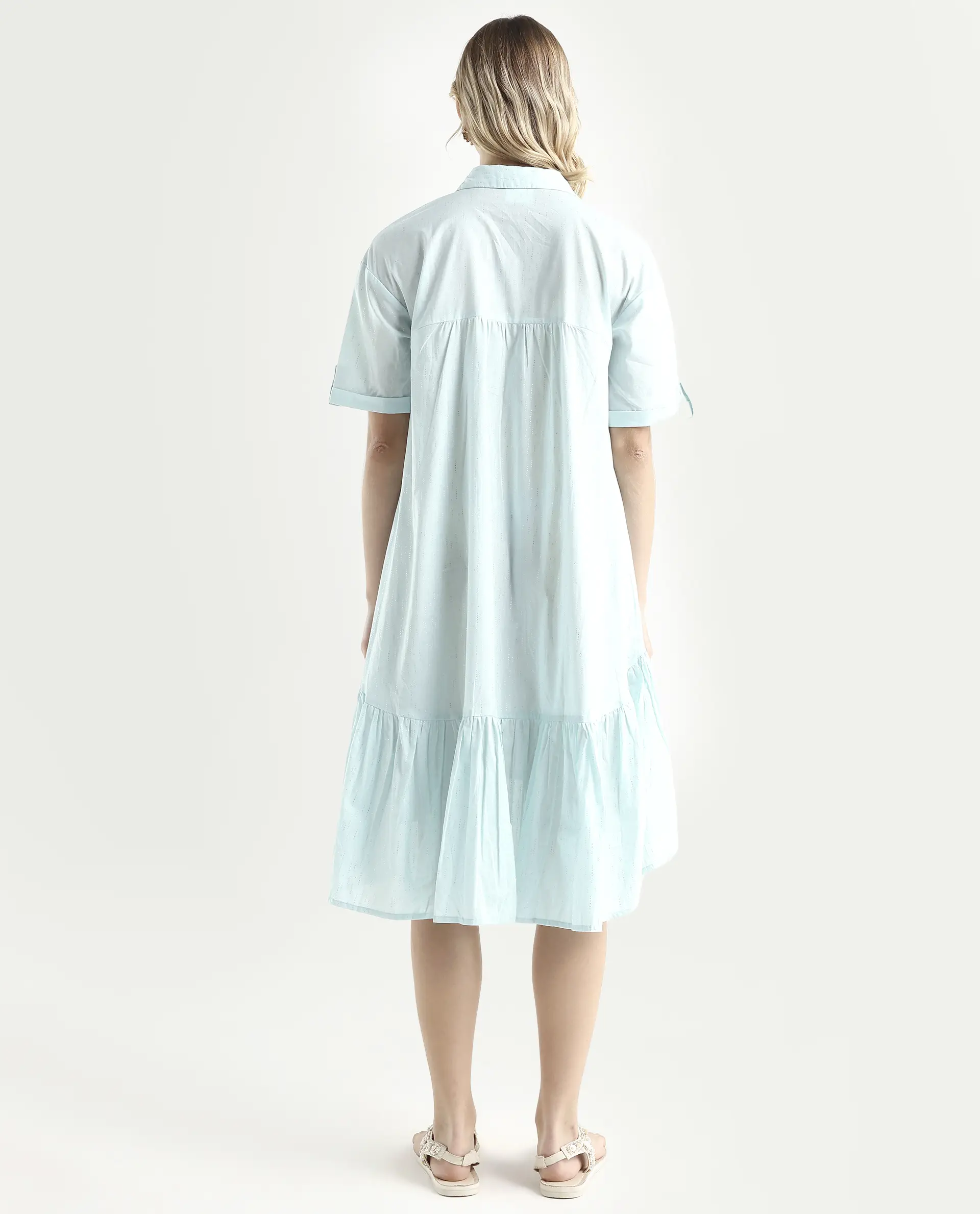 Rareism Women's Loaf Turq Cotton Spread Collar Plain Knee Length Flared Dress - Image 7