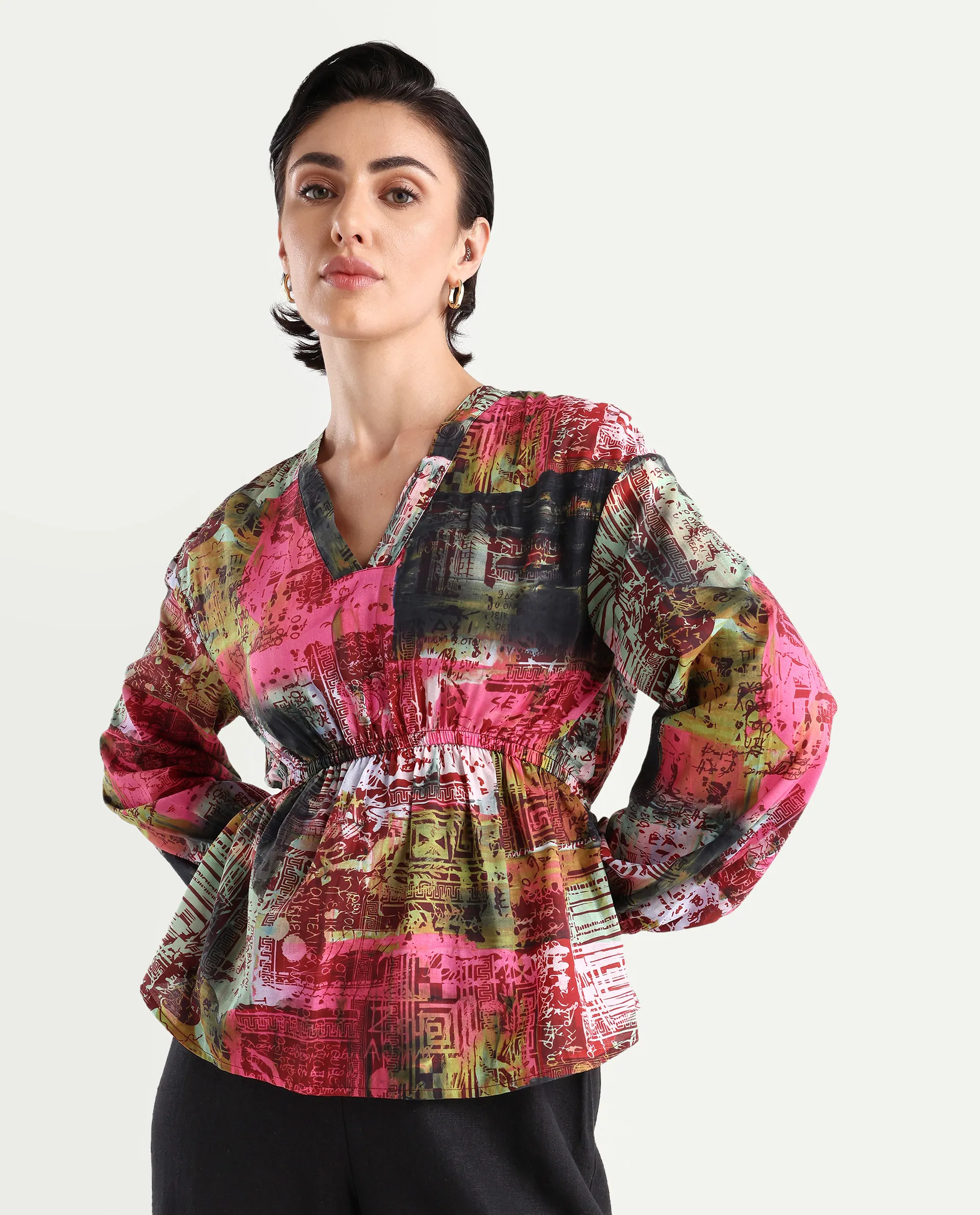 Rareism Women's Lobbc Multi Cotton V-Neck Abstract Print Bishop Sleeve Regular Fit And Flare Top