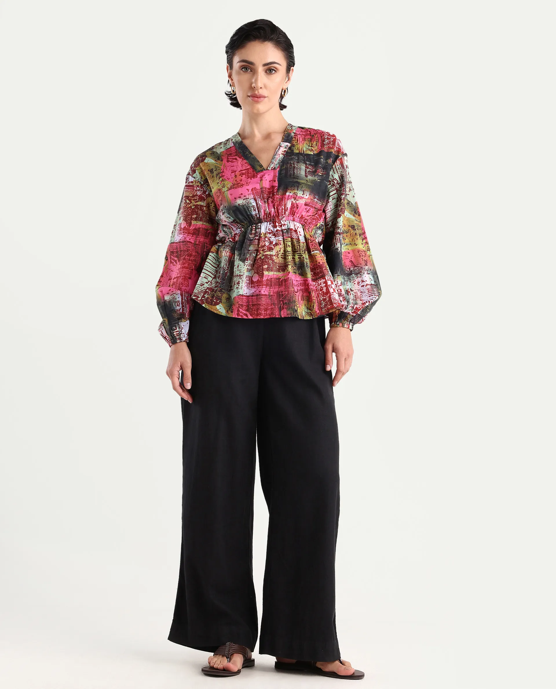Rareism Women's Lobbc Multi Cotton V-Neck Abstract Print Bishop Sleeve Regular Fit And Flare Top - Image 2