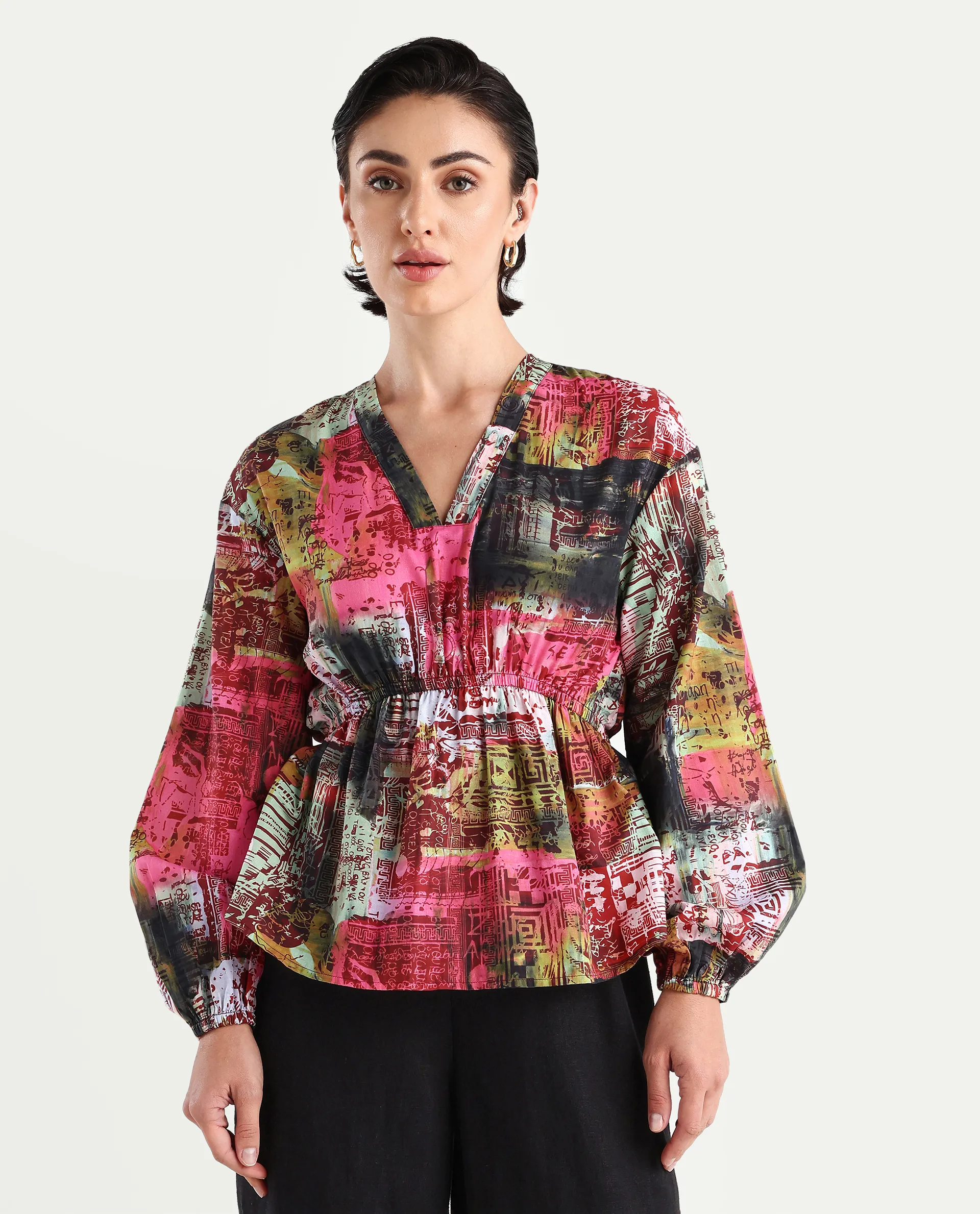 Rareism Women's Lobbc Multi Cotton V-Neck Abstract Print Bishop Sleeve Regular Fit And Flare Top - Image 3