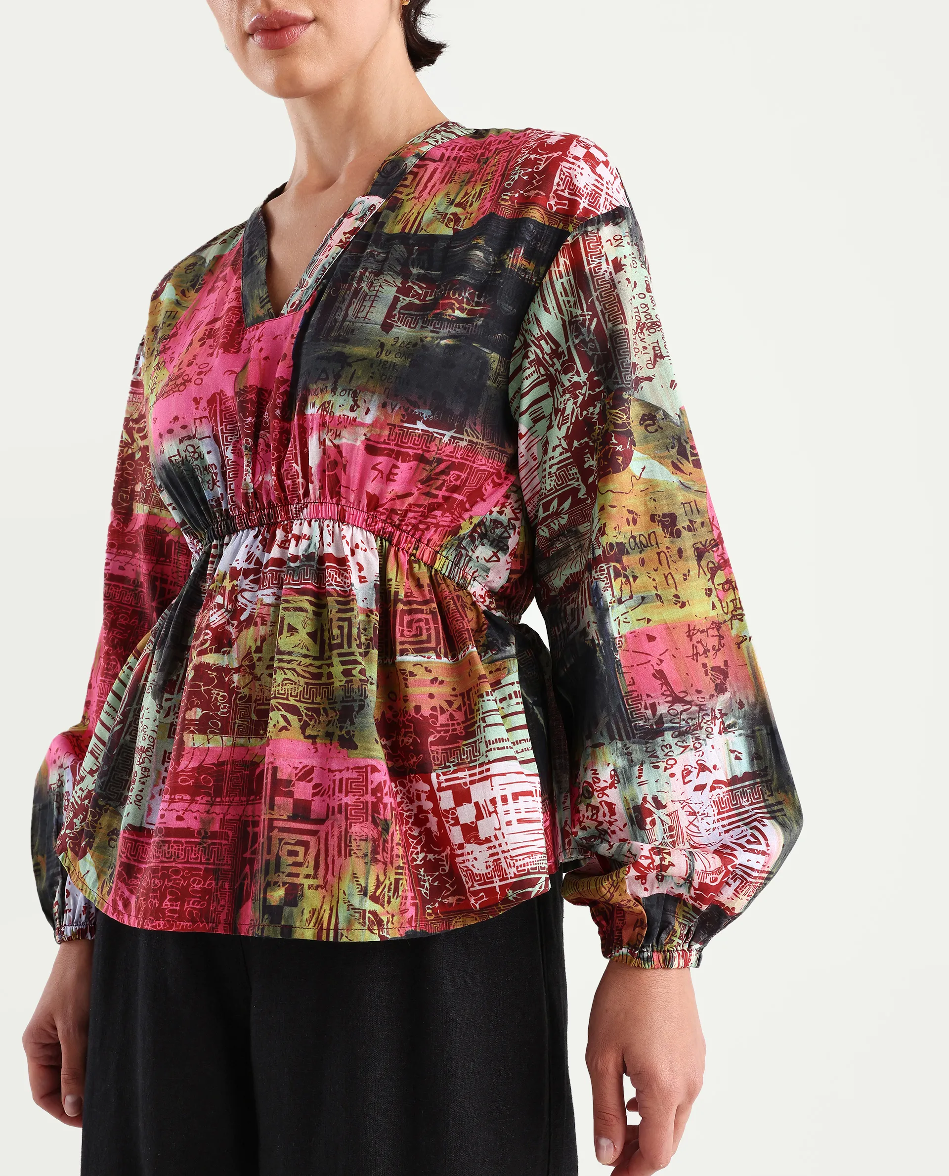 Rareism Women's Lobbc Multi Cotton V-Neck Abstract Print Bishop Sleeve Regular Fit And Flare Top - Image 4