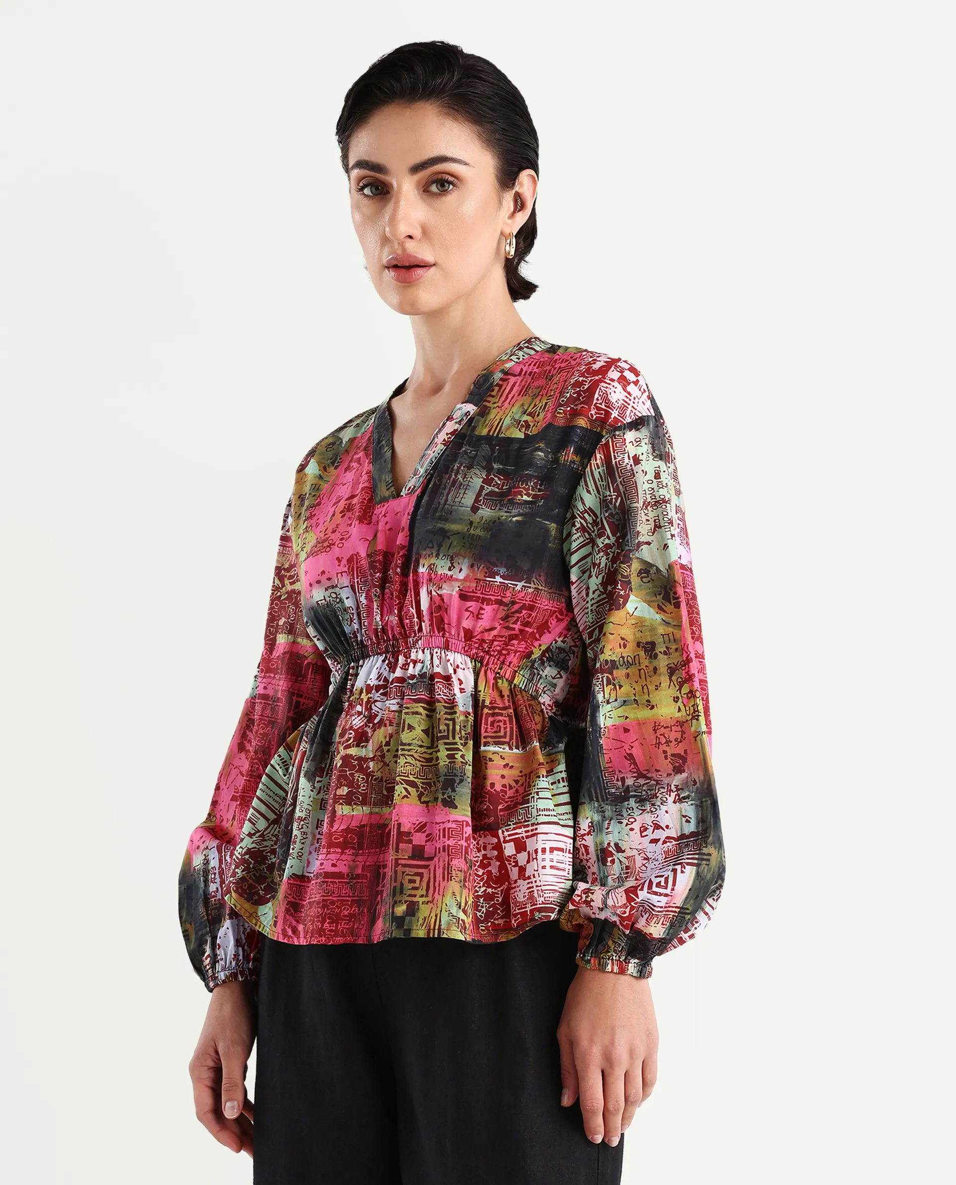 Rareism Women's Lobbc Multi Cotton V-Neck Abstract Print Bishop Sleeve Regular Fit And Flare Top - Image 5