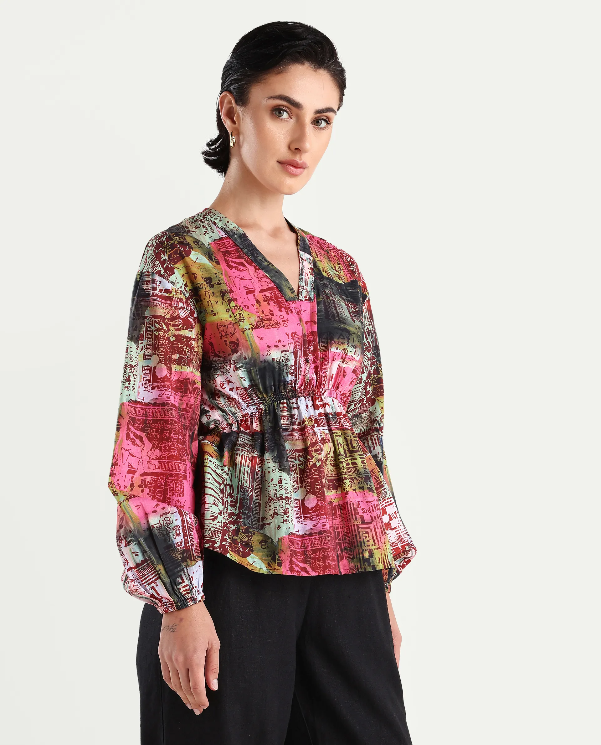 Rareism Women's Lobbc Multi Cotton V-Neck Abstract Print Bishop Sleeve Regular Fit And Flare Top - Image 6