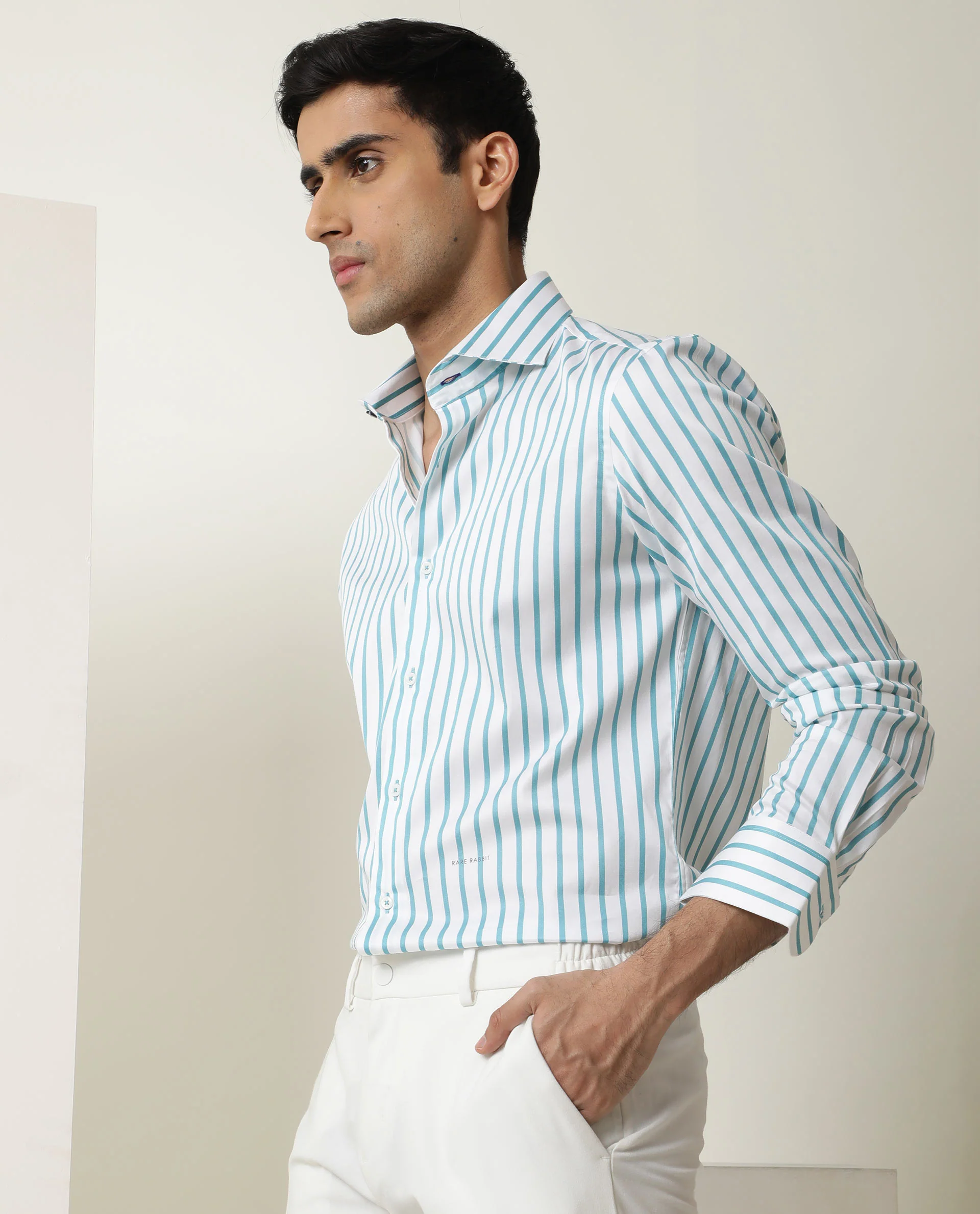 Rare Rabbit Men's Lobo Light Green Cotton Striped Print Regular Fit Full Sleeve Collared Shirt - Image 3