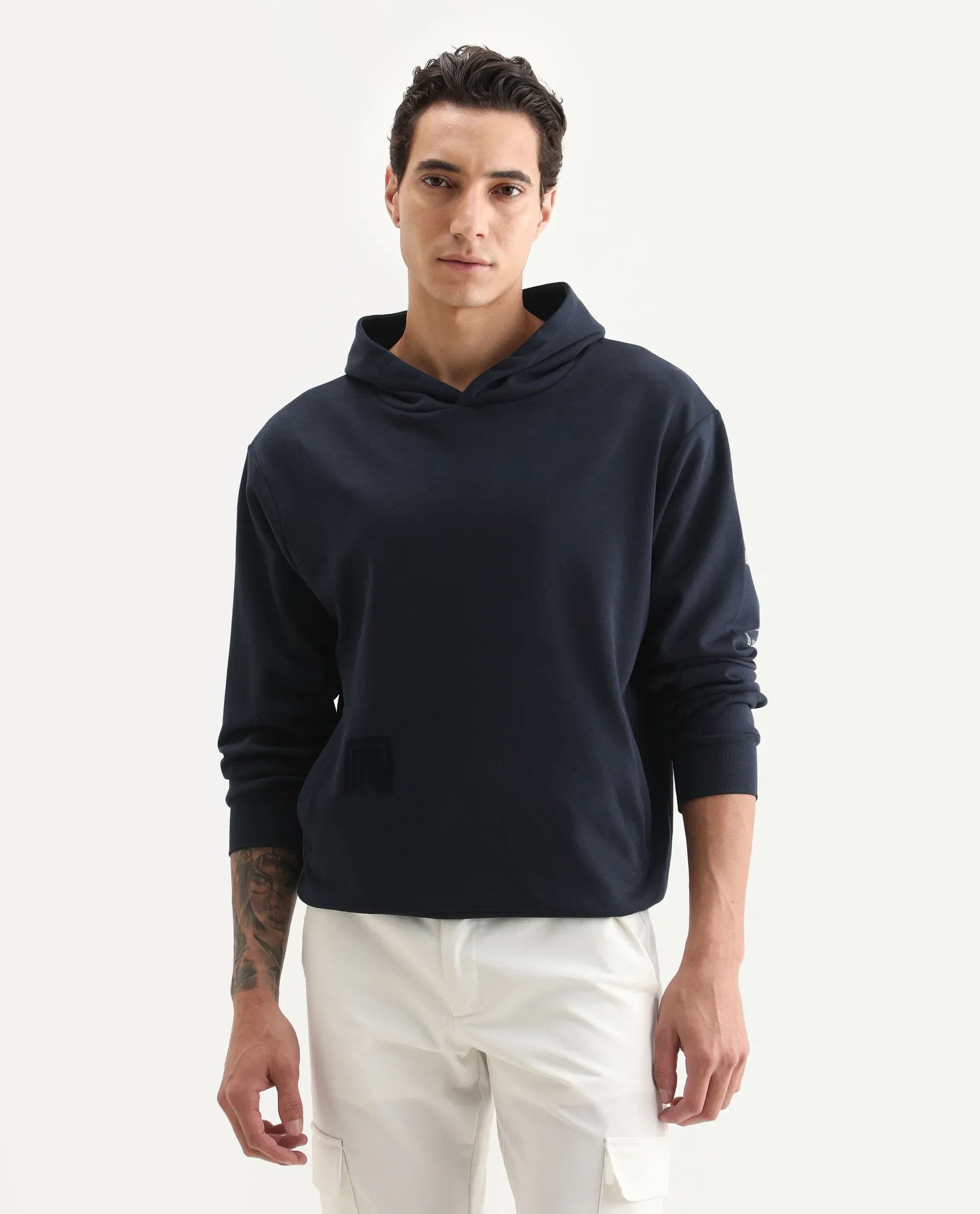 Rare Rabbit Men's Lobo Navy Cotton Graphic Print Regular Fit Full Sleeve Hooded Sweatshirt - Image 3