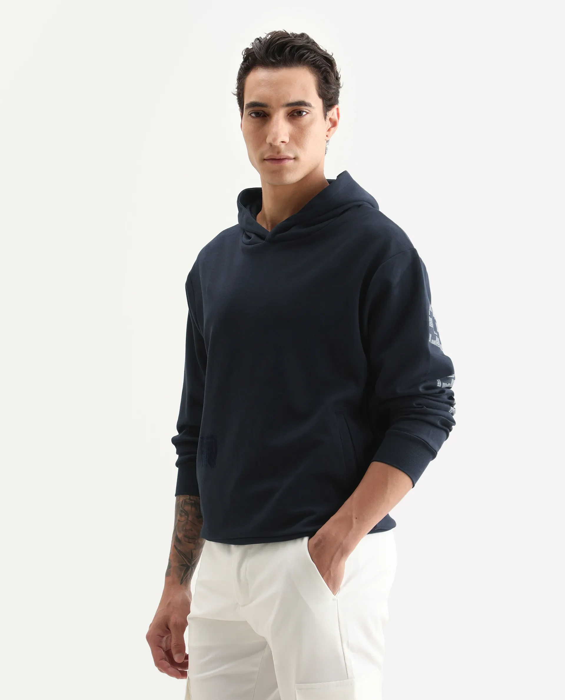 Rare Rabbit Men's Lobo Navy Cotton Graphic Print Regular Fit Full Sleeve Hooded Sweatshirt - Image 5