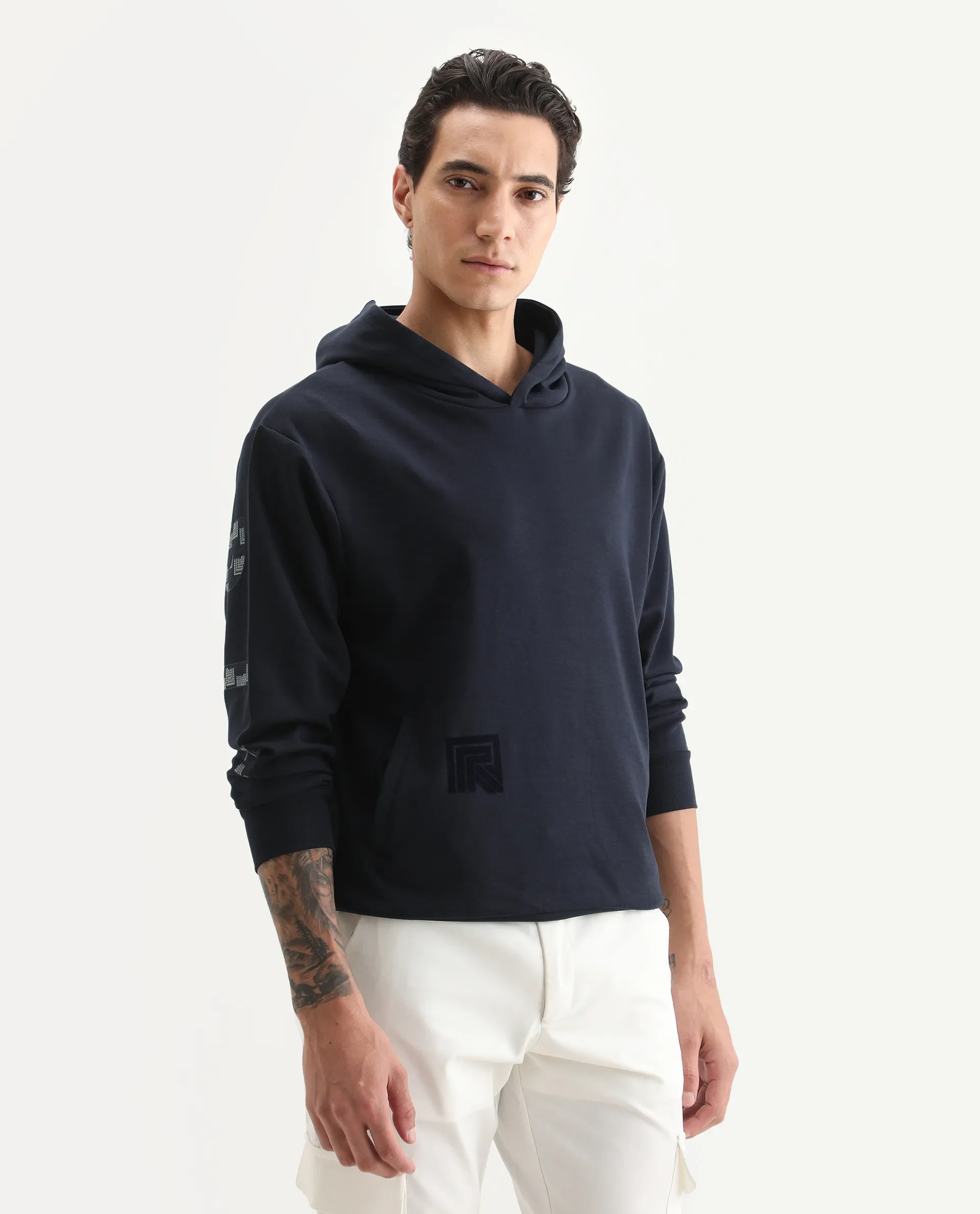 Rare Rabbit Men's Lobo Navy Cotton Graphic Print Regular Fit Full Sleeve Hooded Sweatshirt - Image 6