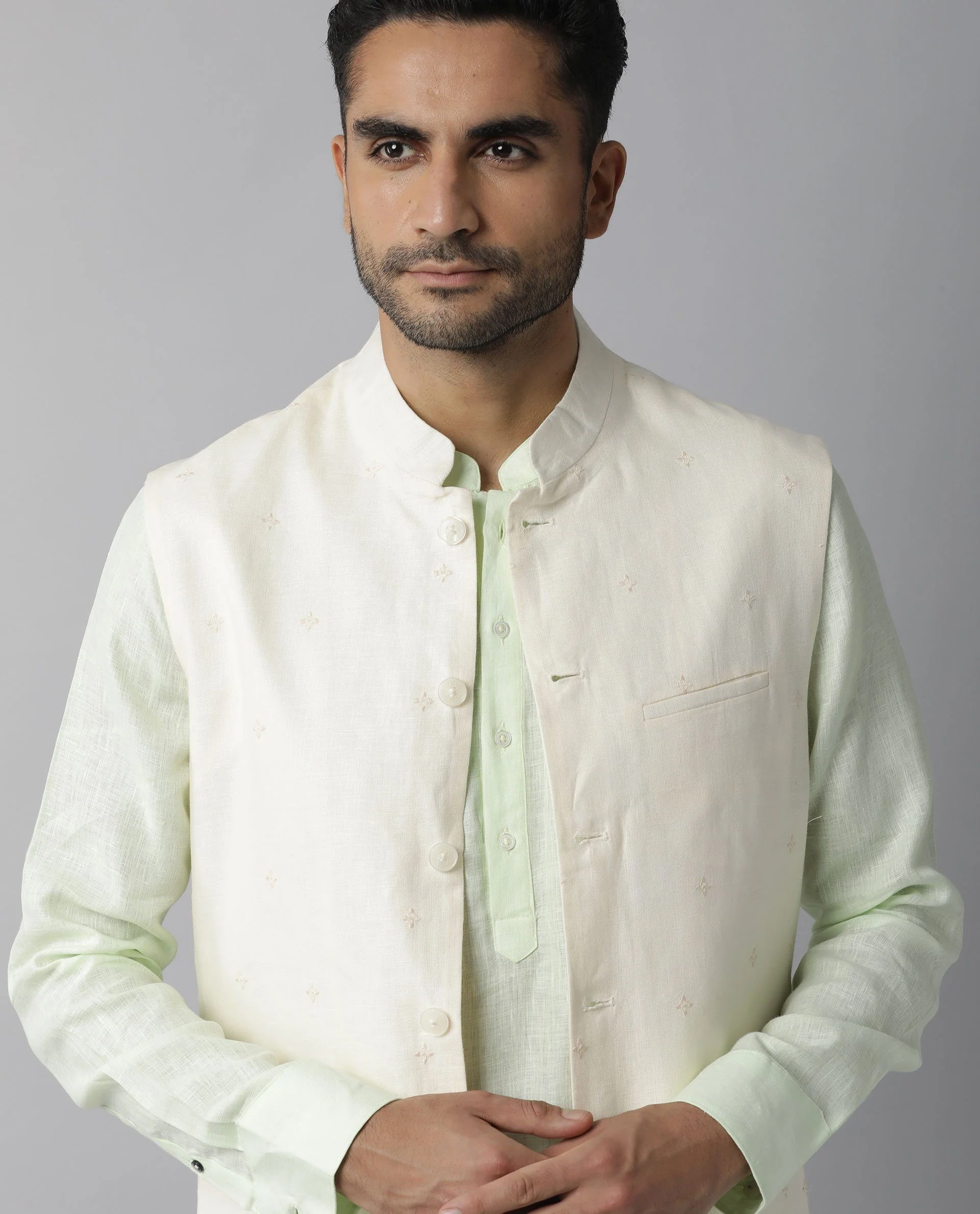 Rare Rabbit Men's Lock Yellow Linen Embroidered Tailored Fit Sleeveless Mandarin Collar Bandhgala