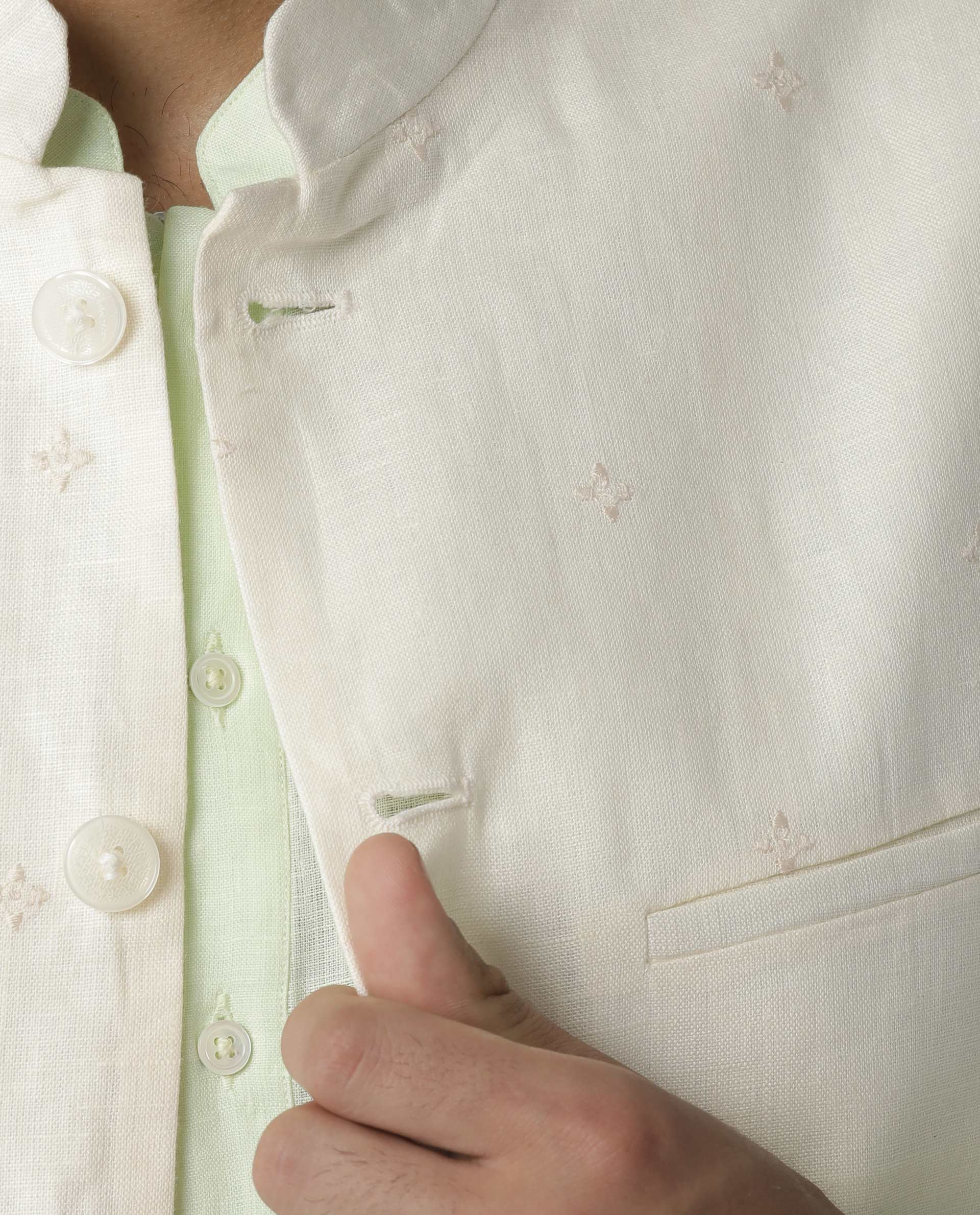 Rare Rabbit Men's Lock Yellow Linen Embroidered Tailored Fit Sleeveless Mandarin Collar Bandhgala - Image 2