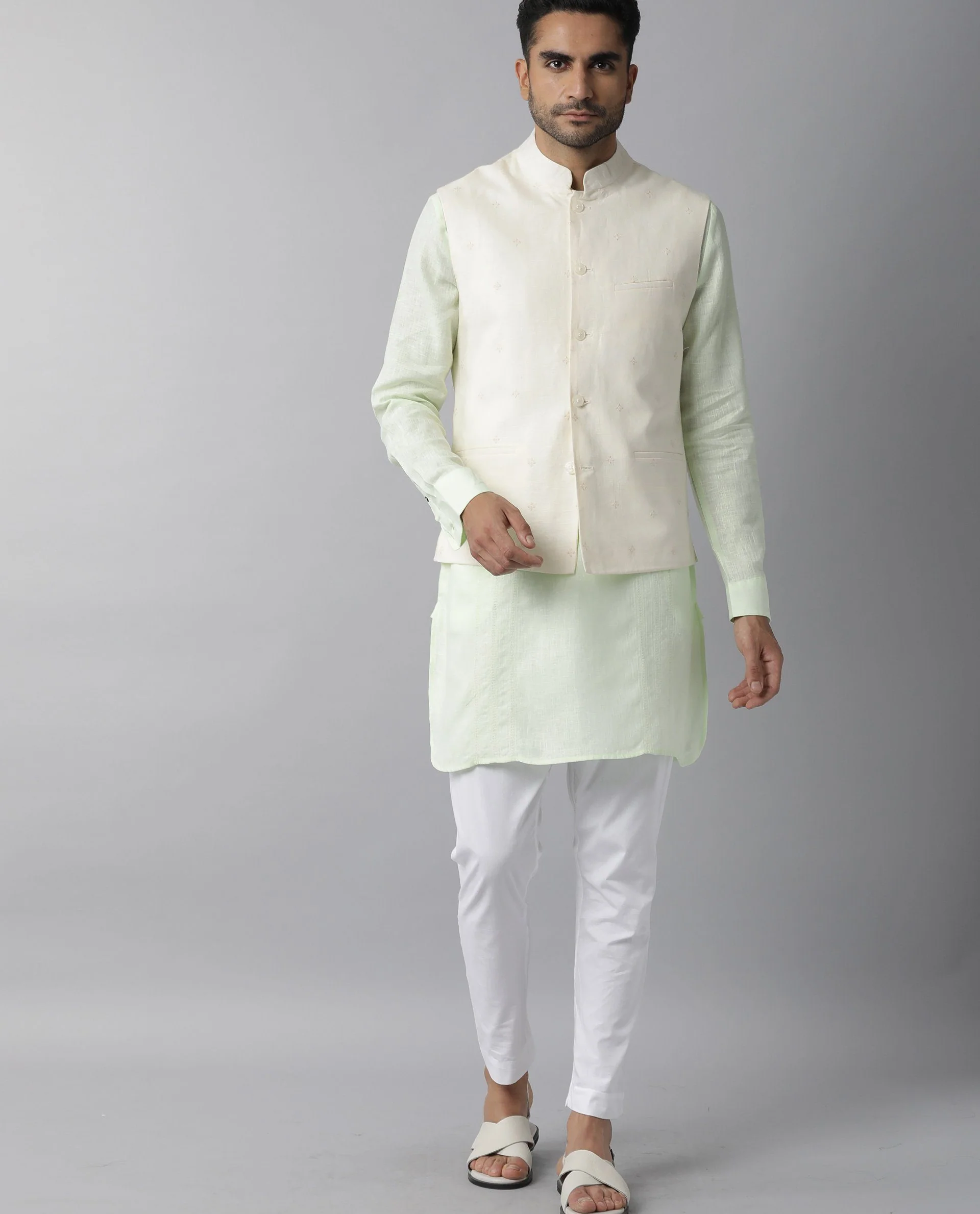Rare Rabbit Men's Lock Yellow Linen Embroidered Tailored Fit Sleeveless Mandarin Collar Bandhgala - Image 3