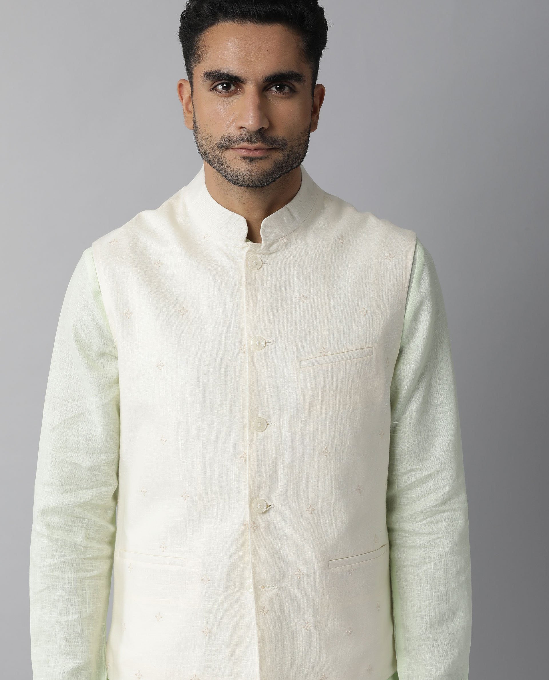 Rare Rabbit Men's Lock Yellow Linen Embroidered Tailored Fit Sleeveless Mandarin Collar Bandhgala - Image 4