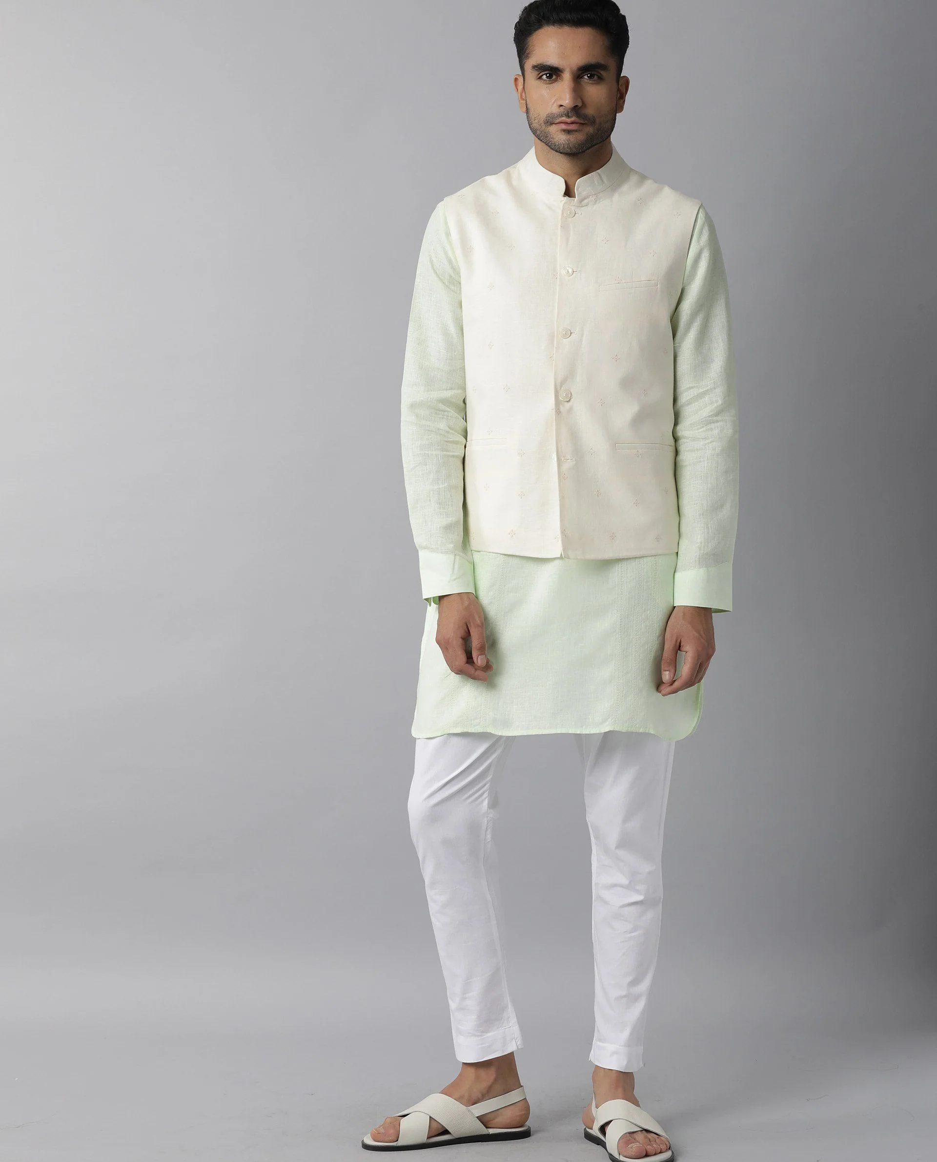 Rare Rabbit Men's Lock Yellow Linen Embroidered Tailored Fit Sleeveless Mandarin Collar Bandhgala - Image 6