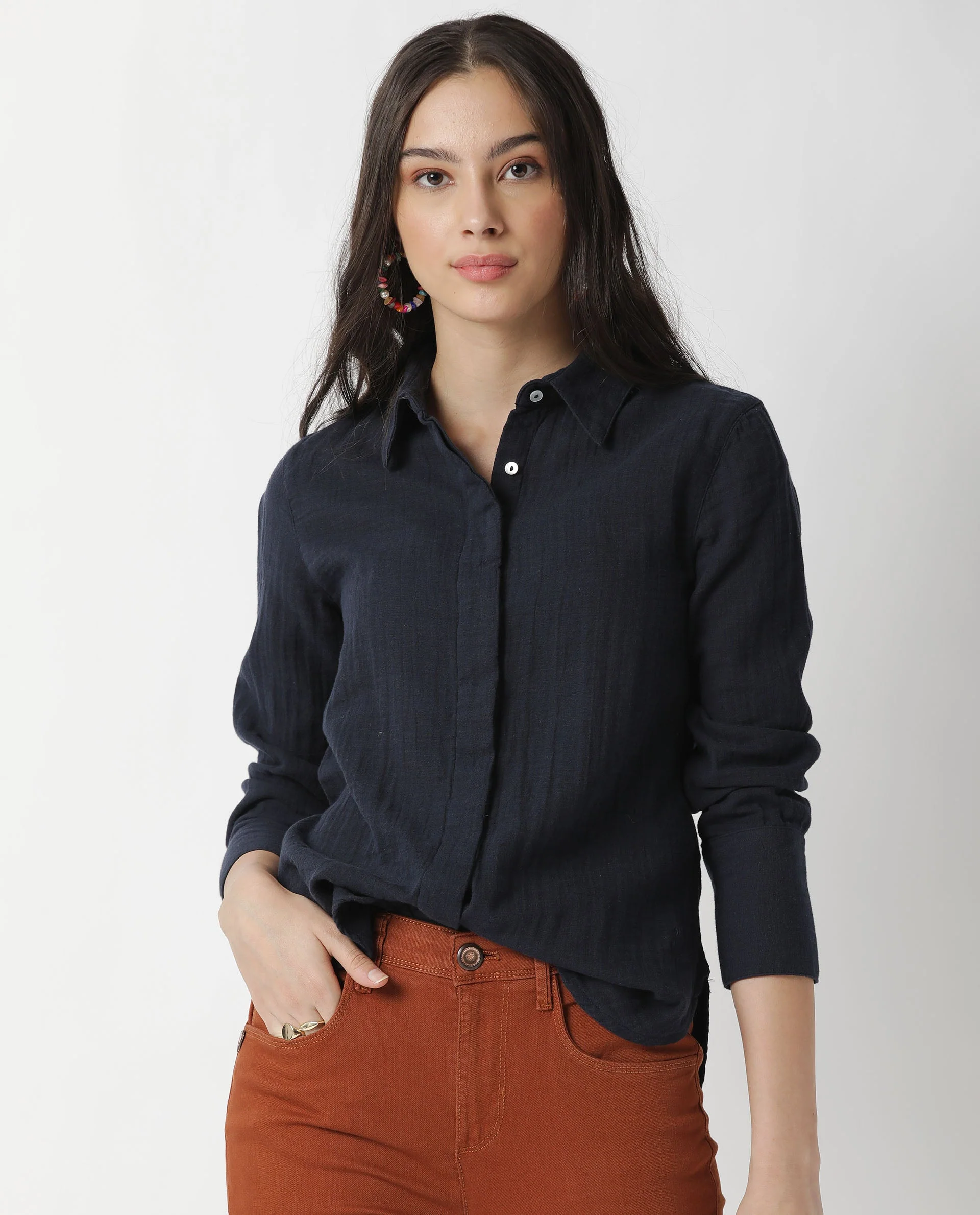 Rareism Womens Lock Navy Top Cotton Fabric Regular Fit Cuffed Sleeve Collared Neck
